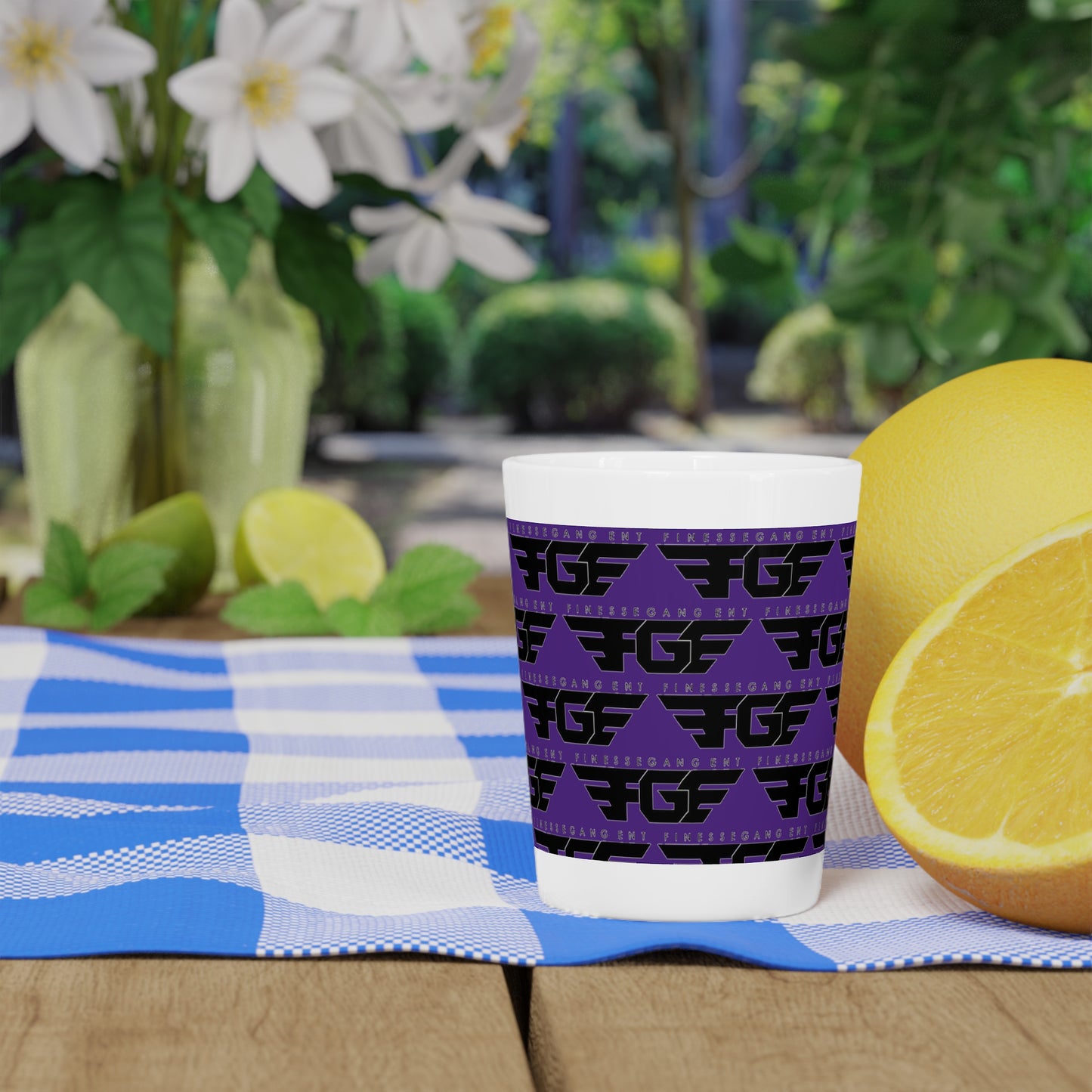 Bold Purple FGE Graphic Shot Glass | Fun Party Favor, Unique Gift for Gamers, Retro Decor for Home Bars, Perfect for Special Celebrations