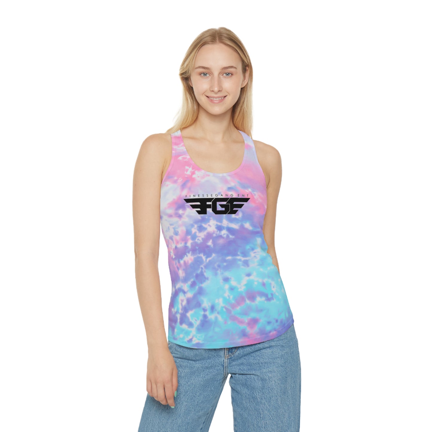 Tie Dye FGE Racerback Tank Top, Bohemian Summer Shirt, Beachwear, Festival Outfit, Casual Activewear, Gift for Her