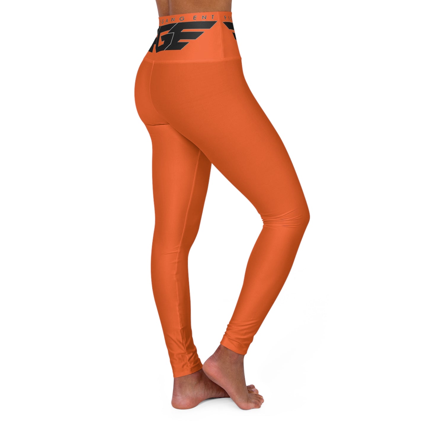ORANGE FGE High-Waist Orange Yoga Leggings with Black Logo Stripe