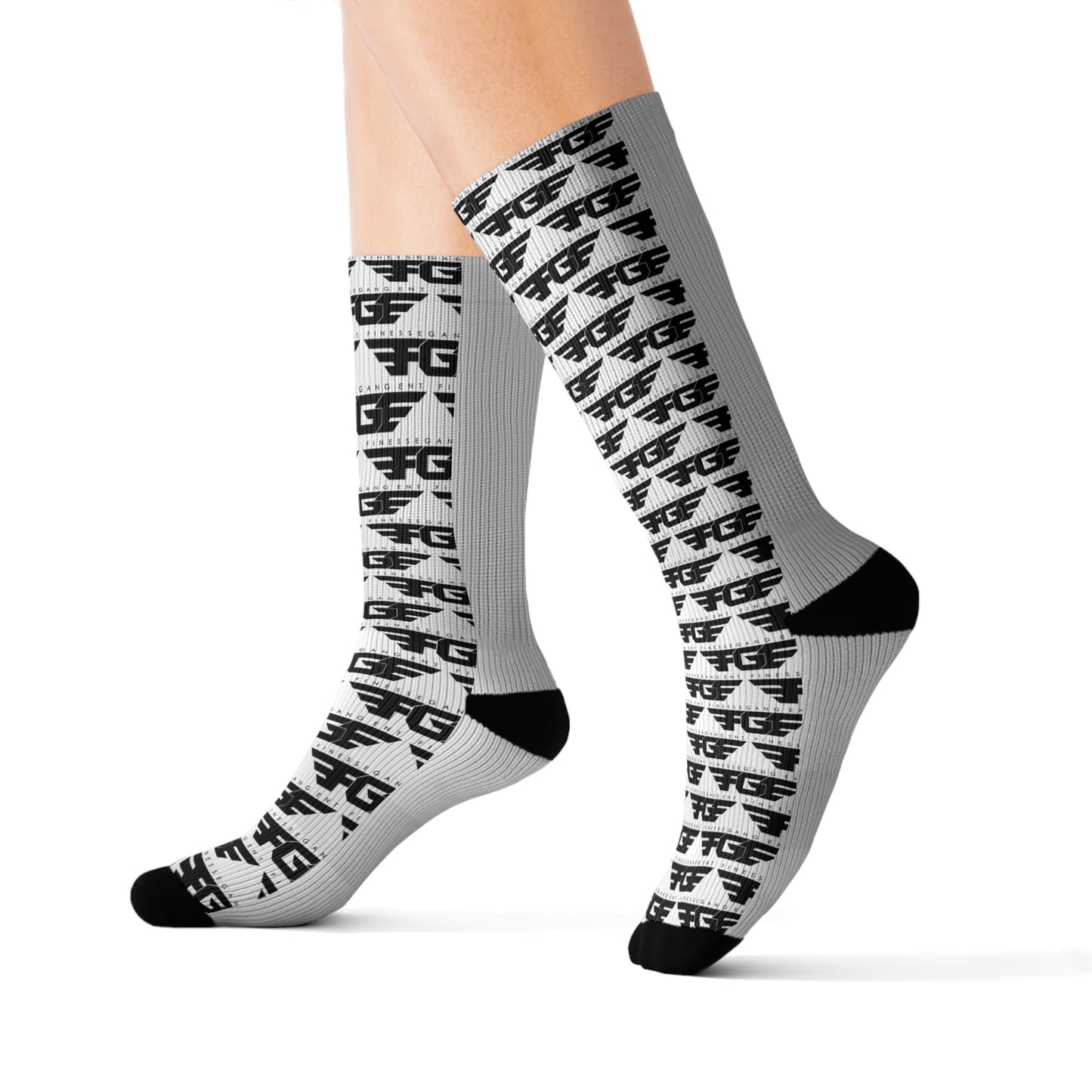 Sublimation FGE Socks - Stylish Gray Patterned Crew Socks for Everyday Wear, Gifts for Her, Trendy Streetwear, Athleisure, Unisex Fashion