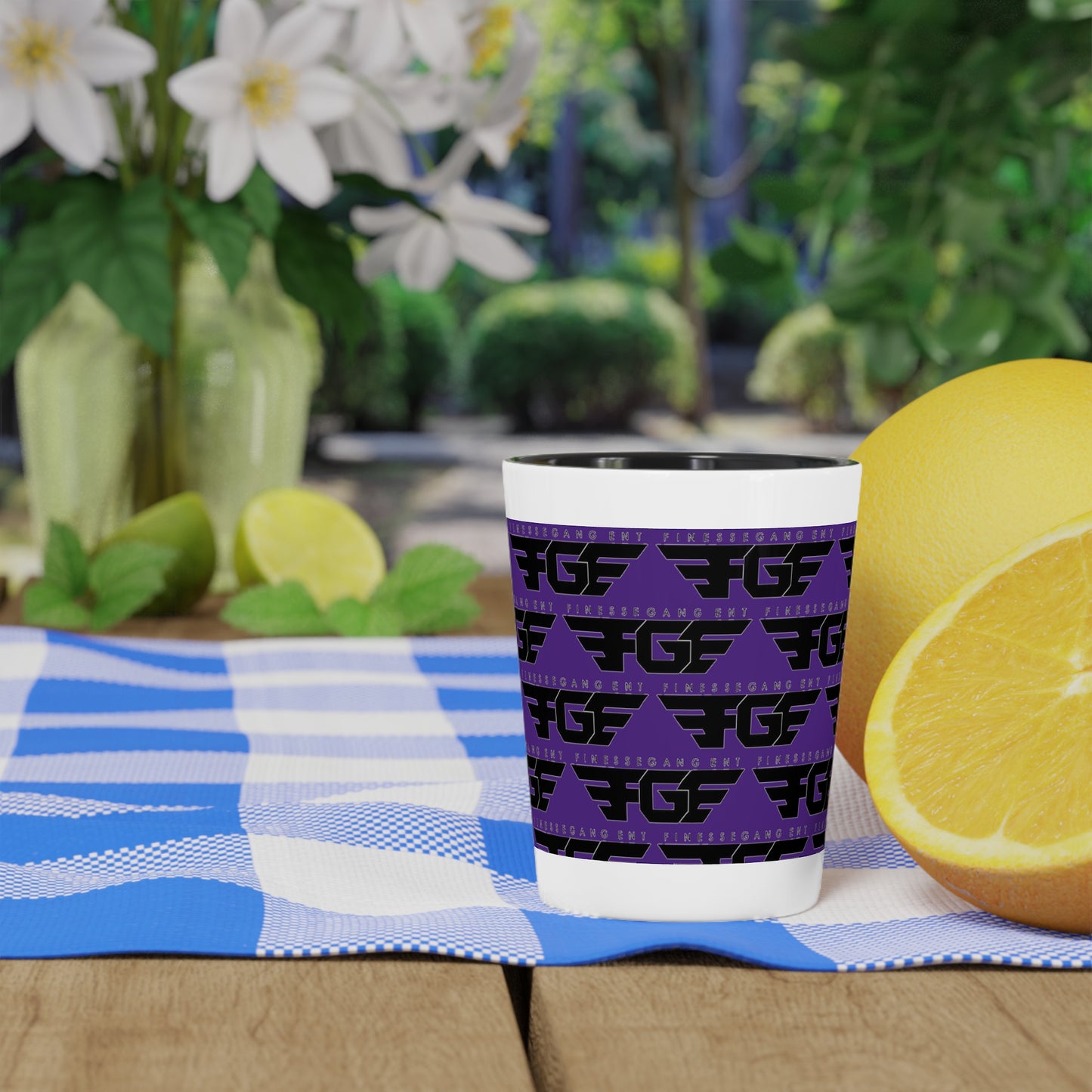 Bold Purple FGE Graphic Shot Glass | Fun Party Favor, Unique Gift for Gamers, Retro Decor for Home Bars, Perfect for Special Celebrations