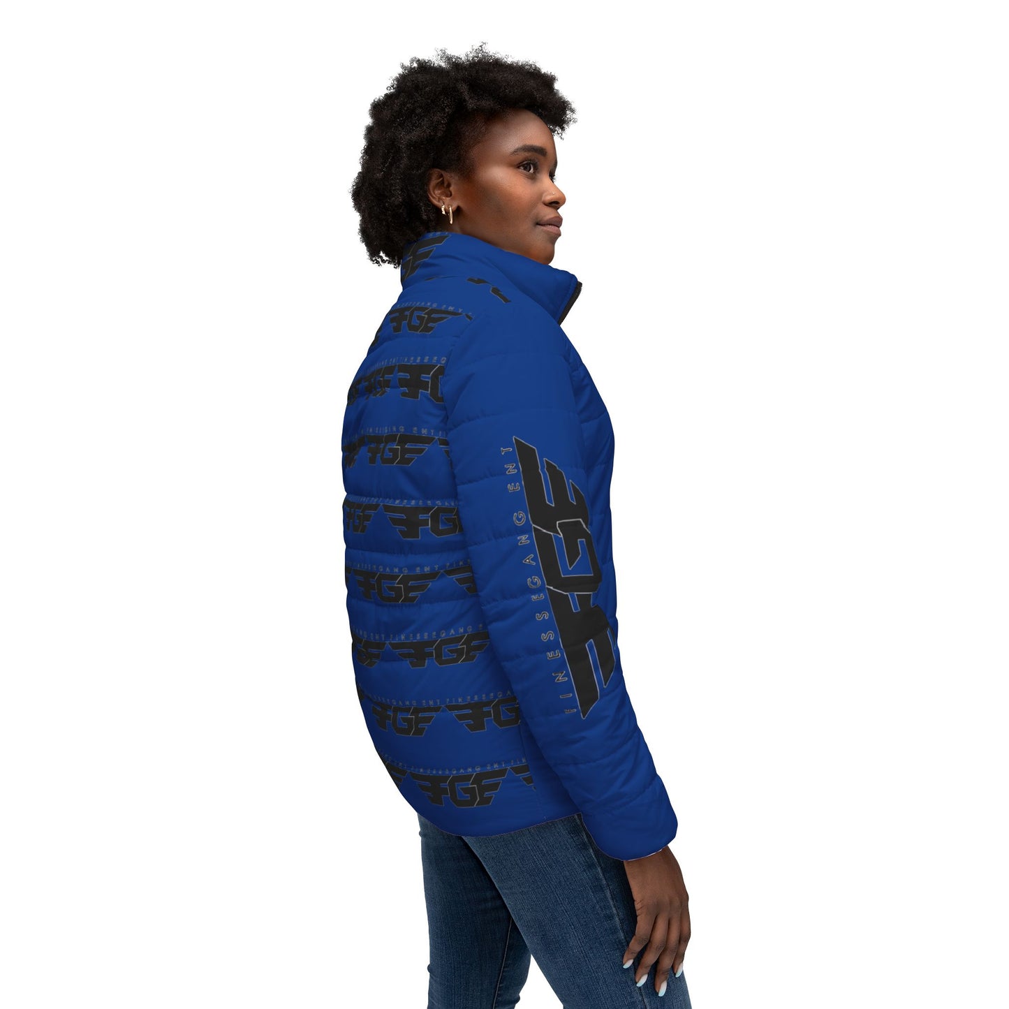 Blue FGE Logo Stripe Puffer Jacket — Women’s Quilted Winter Coat
