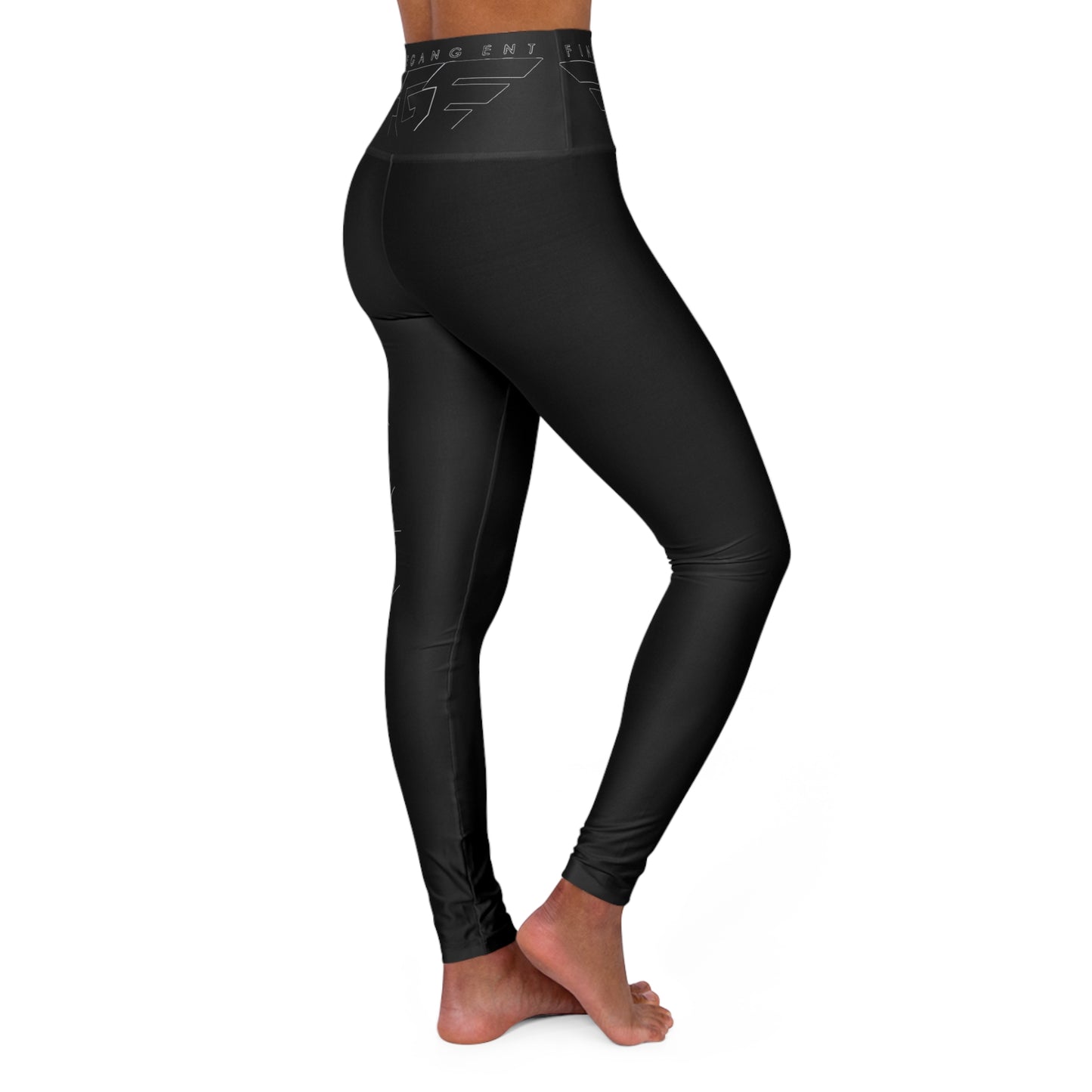 BLACK FGE High-Waist Yoga Leggings — Sleek Black AOP with Subtle Side Logo
