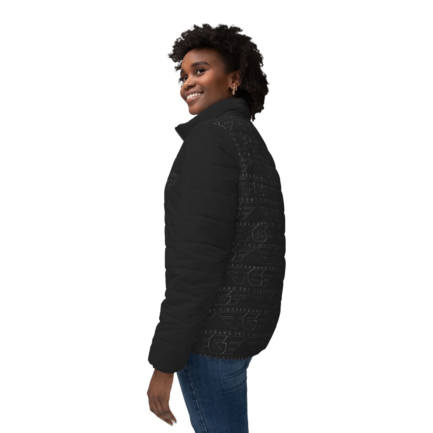 Women’s FGE Black Puffer Jacket — Insulated All-Over Printed Winter Coat
