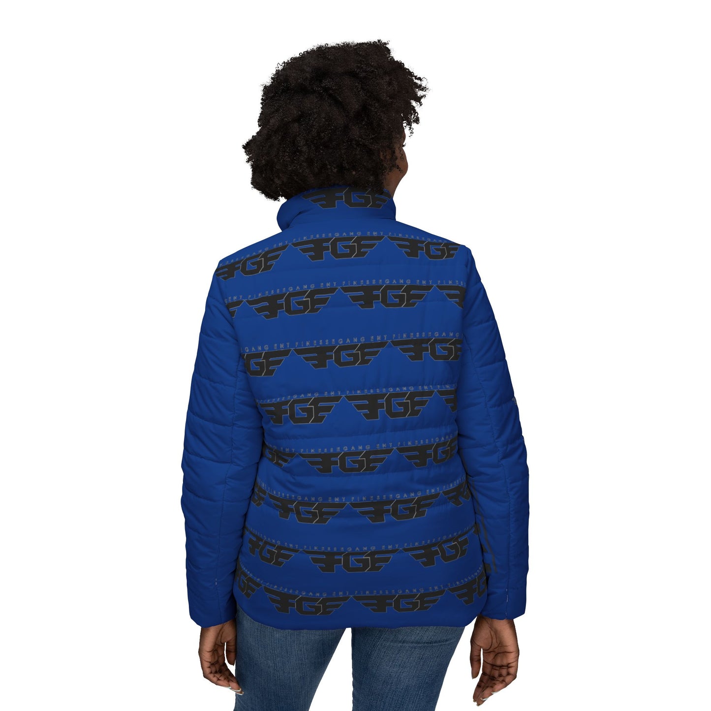 Blue FGE Logo Stripe Puffer Jacket — Women’s Quilted Winter Coat