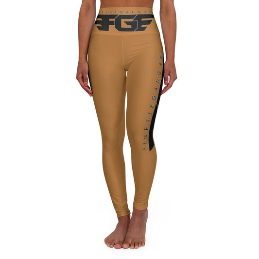 BROWN FGE High-Waisted Yoga Leggings — Tan Athletic Leggings with Bold Black Logo