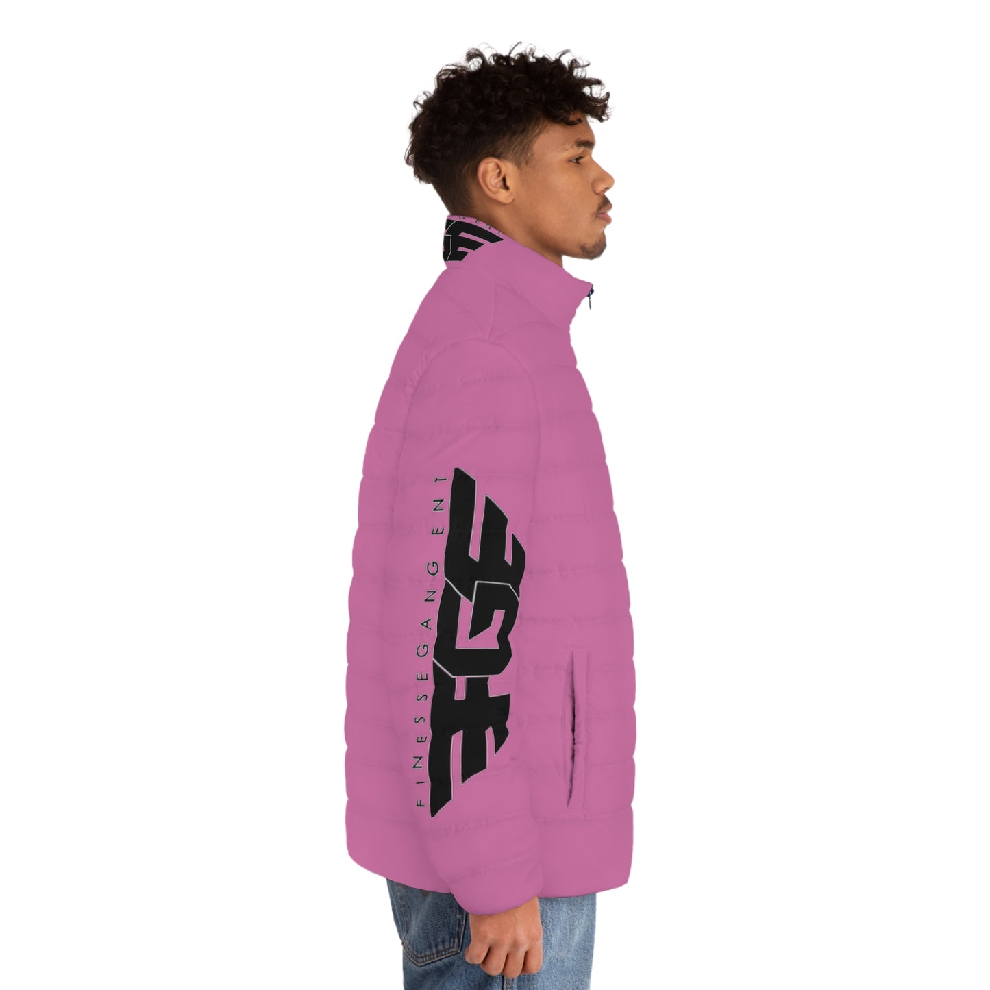 Pink Logo Puffer Jacket — Men's Lightweight Quilted Coat with FG Wing Graphic