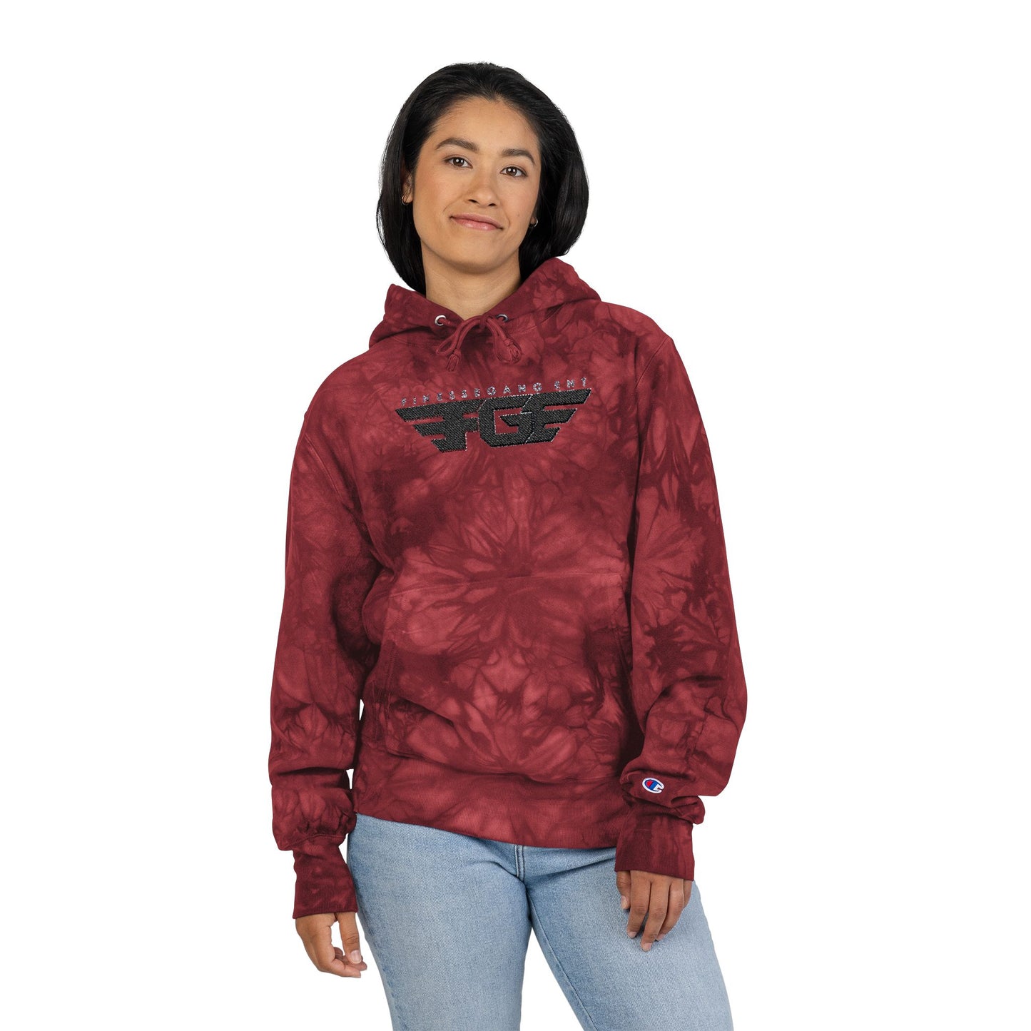 FGE Embroidered Tie-Dye Hoodie — Black/Charcoal Champion-Style Pullover
