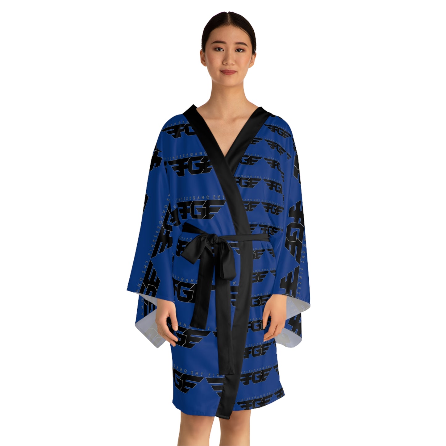 Stylish Blue FGE Long Sleeve Kimono Robe with Graphic Print