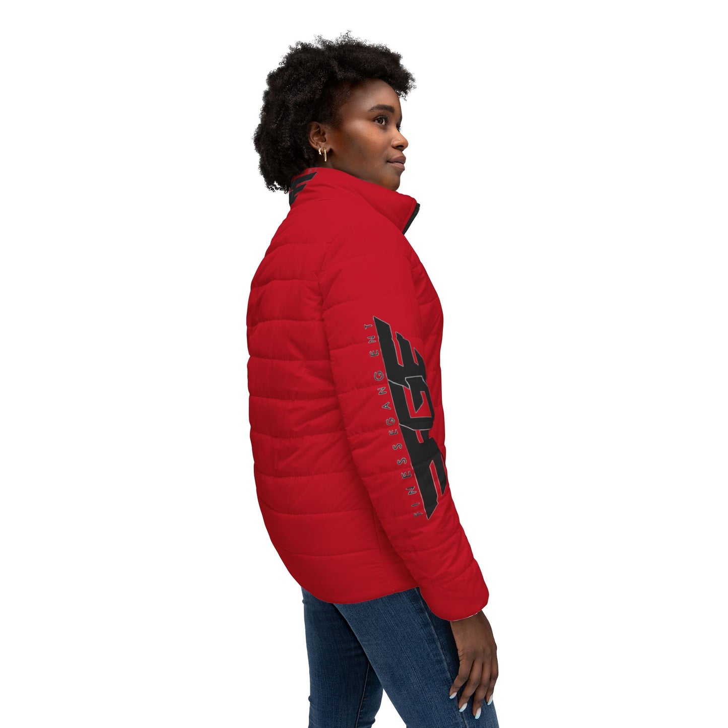 RED FGE Puffer Jacket — Red Quilted Winter Coat with Black Wing Logo