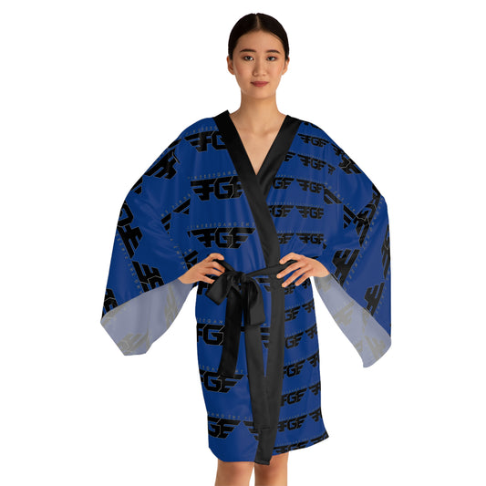 Stylish Blue FGE Long Sleeve Kimono Robe with Graphic Print