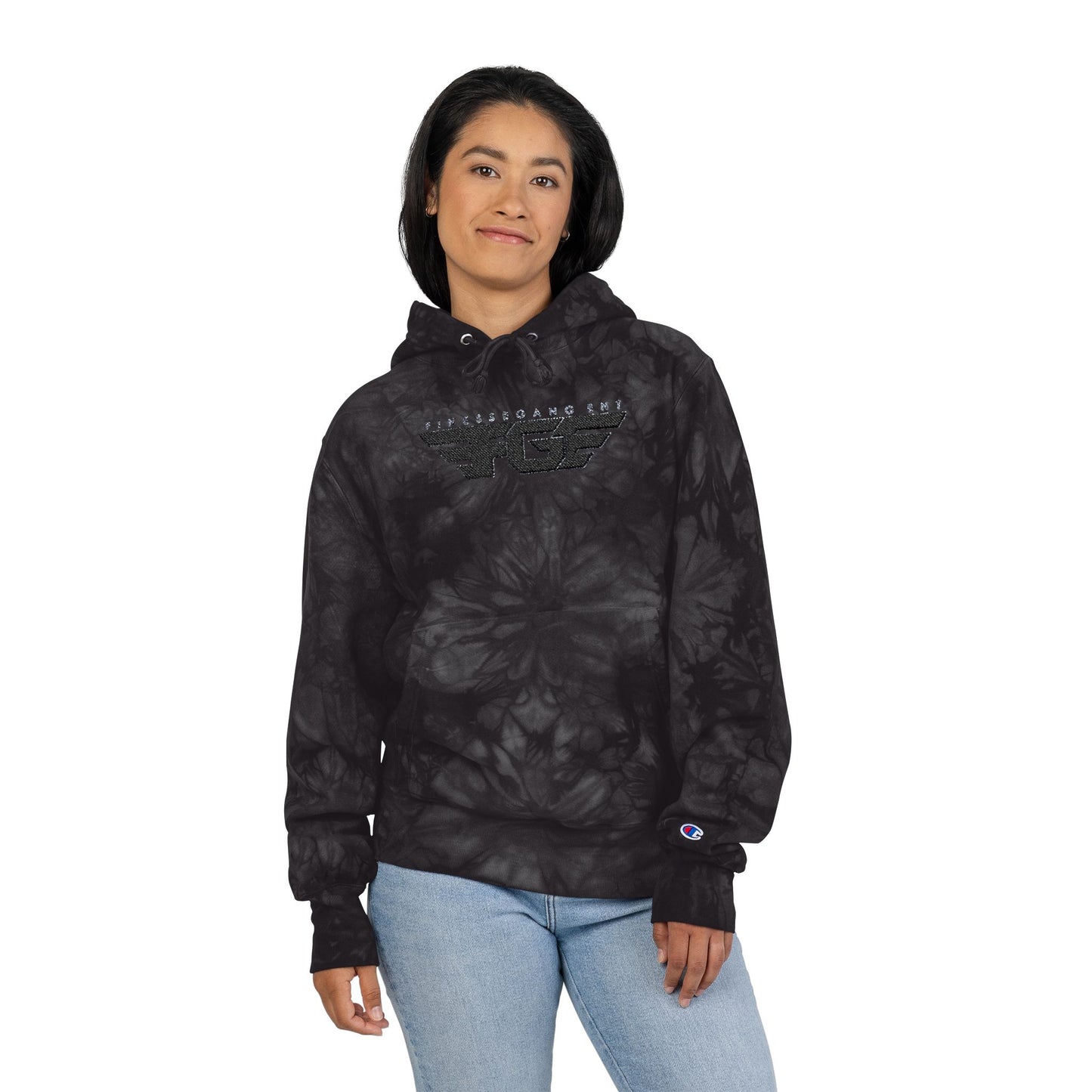 FGE Embroidered Tie-Dye Hoodie — Black/Charcoal Champion-Style Pullover