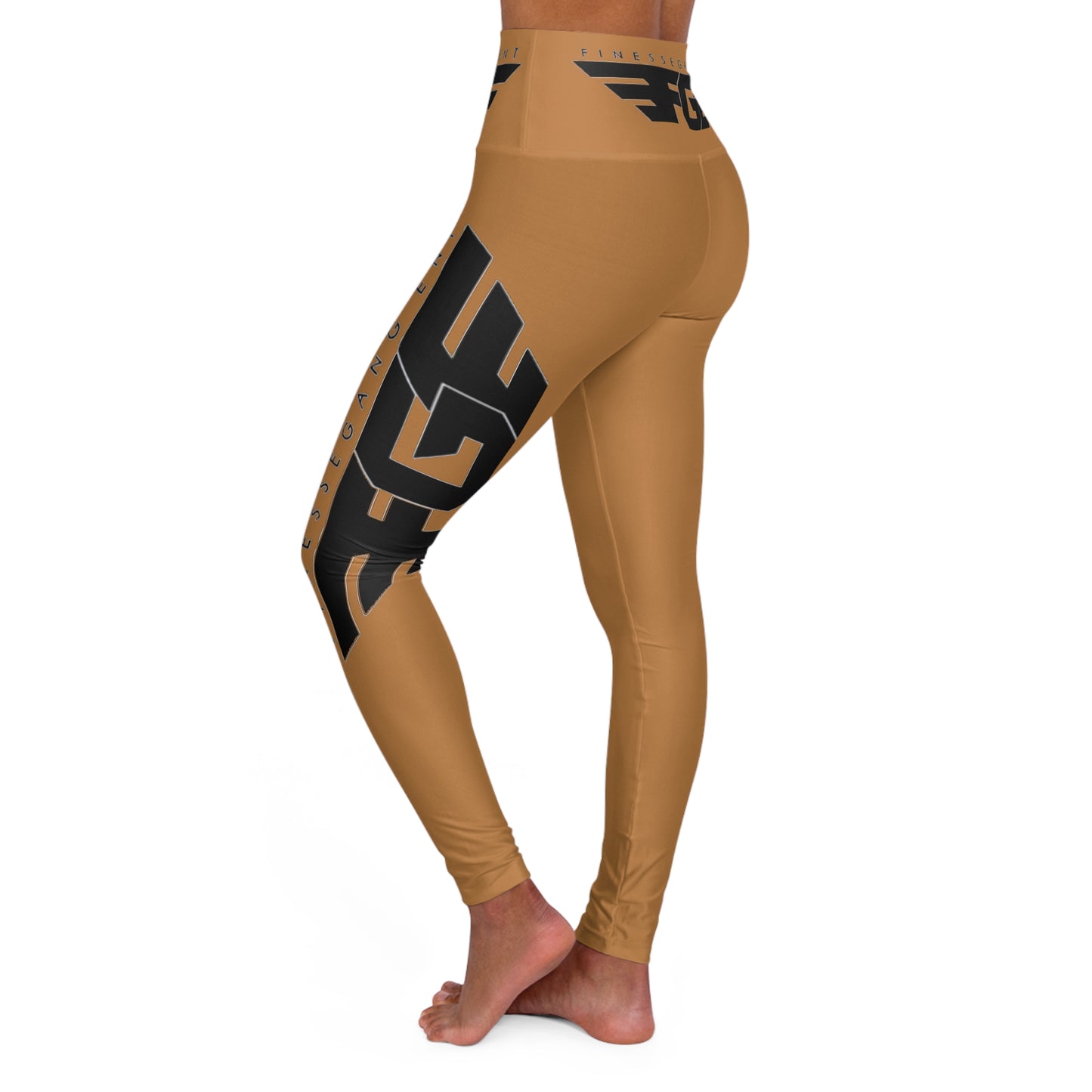 BROWN FGE High-Waisted Yoga Leggings — Tan Athletic Leggings with Bold Black Logo