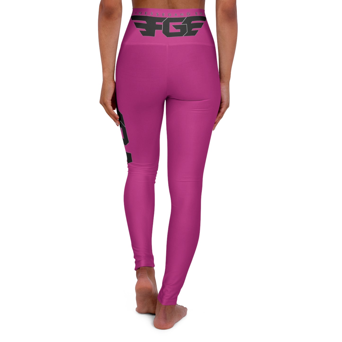 High-Waist Pink FGE Yoga Leggings with Black Logo — Comfortable Activewear for Studio & Everyday
