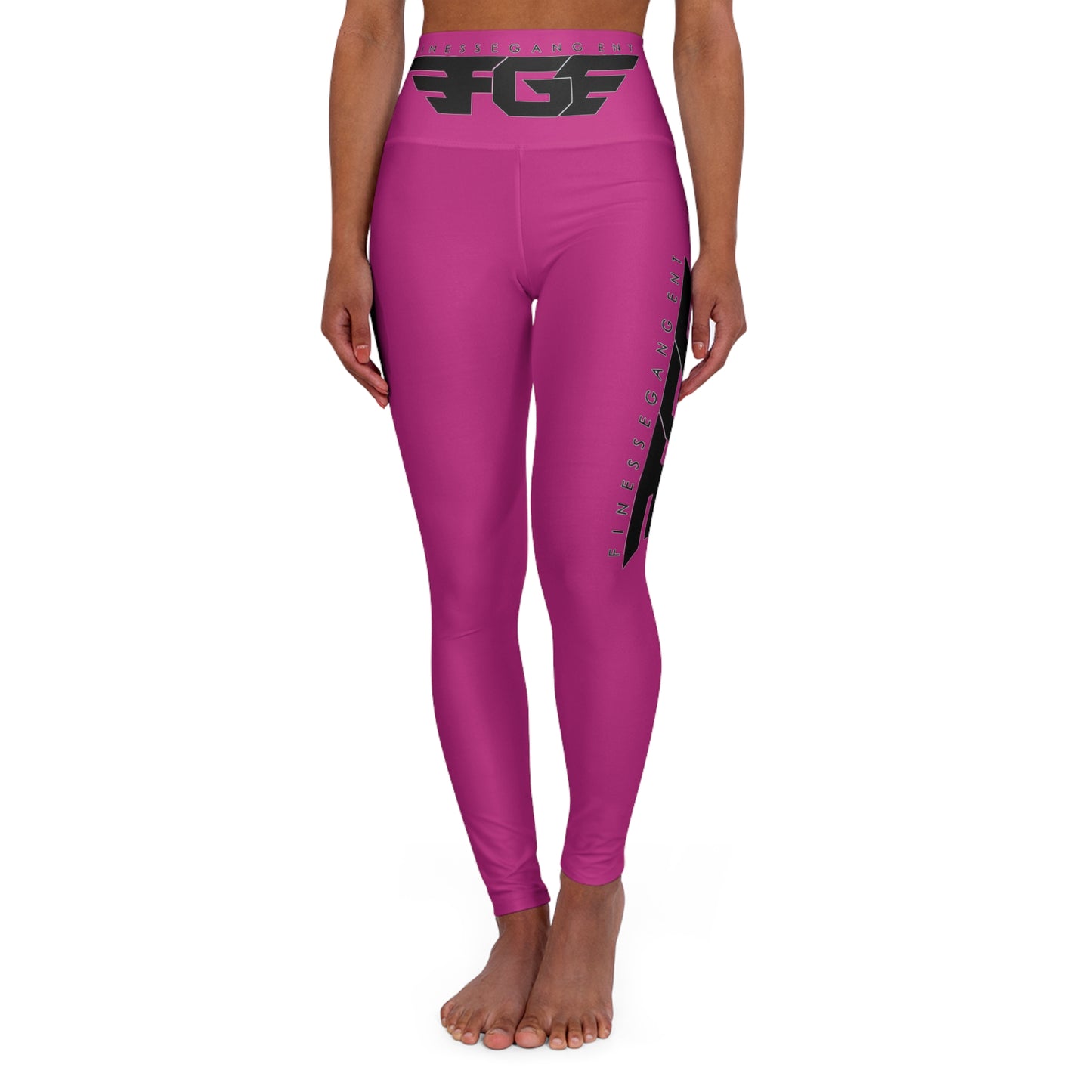 High-Waist Pink FGE Yoga Leggings with Black Logo — Comfortable Activewear for Studio & Everyday