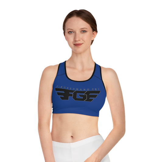 BLUE FGE Sports Bra — Blue All-Over-Print Athletic Crop Top