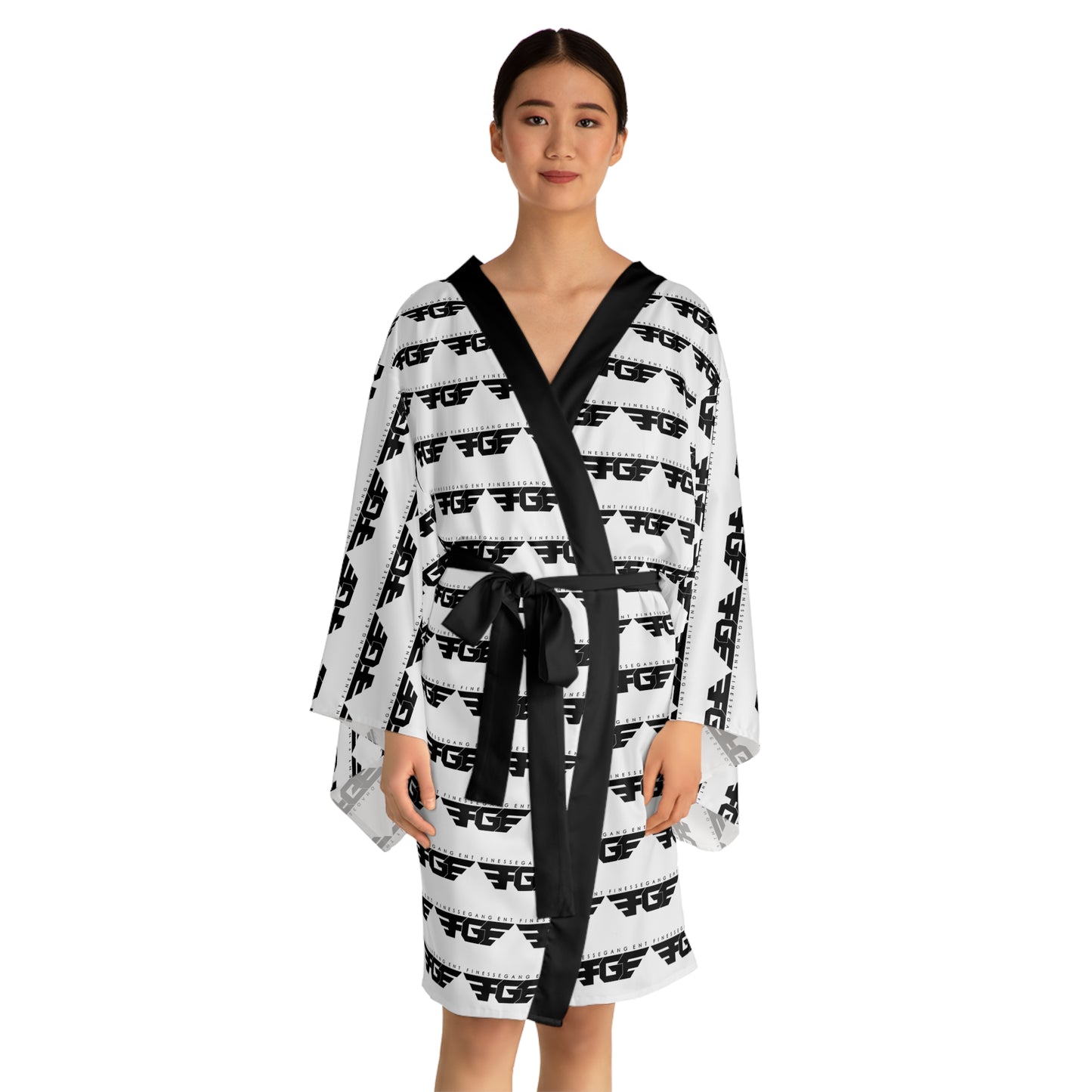 Trendy FGE Black and White Long Sleeve Kimono Robe
