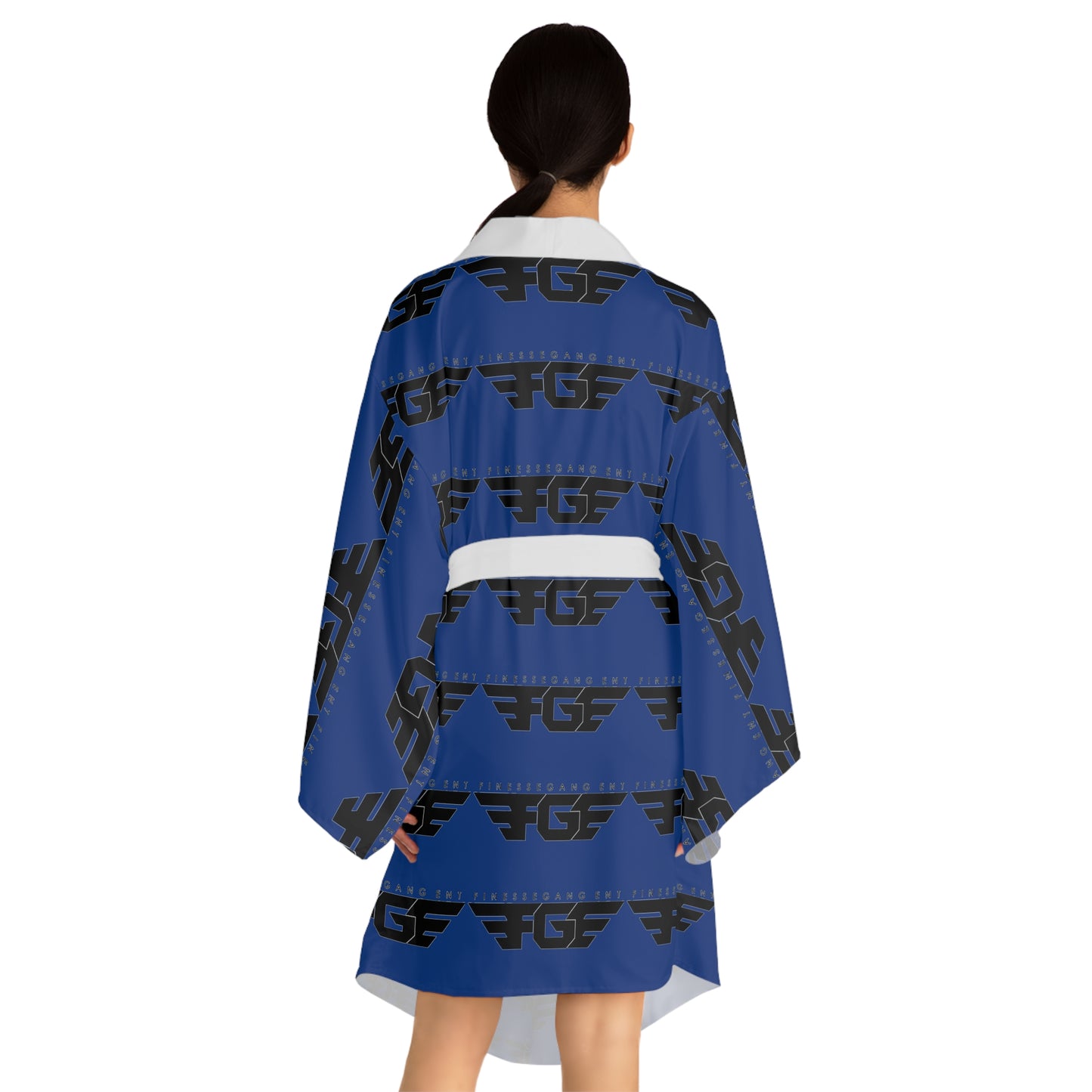 Stylish Blue FGE Long Sleeve Kimono Robe with Graphic Print