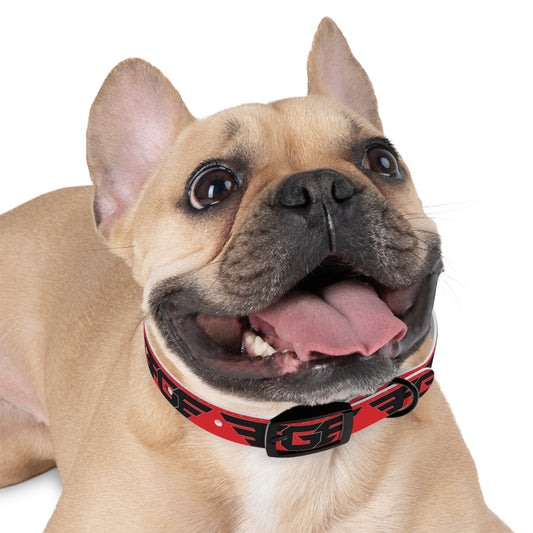 Bold Stylish Dog Collar - Vibrant Red Design with Logos for Trendy Pets