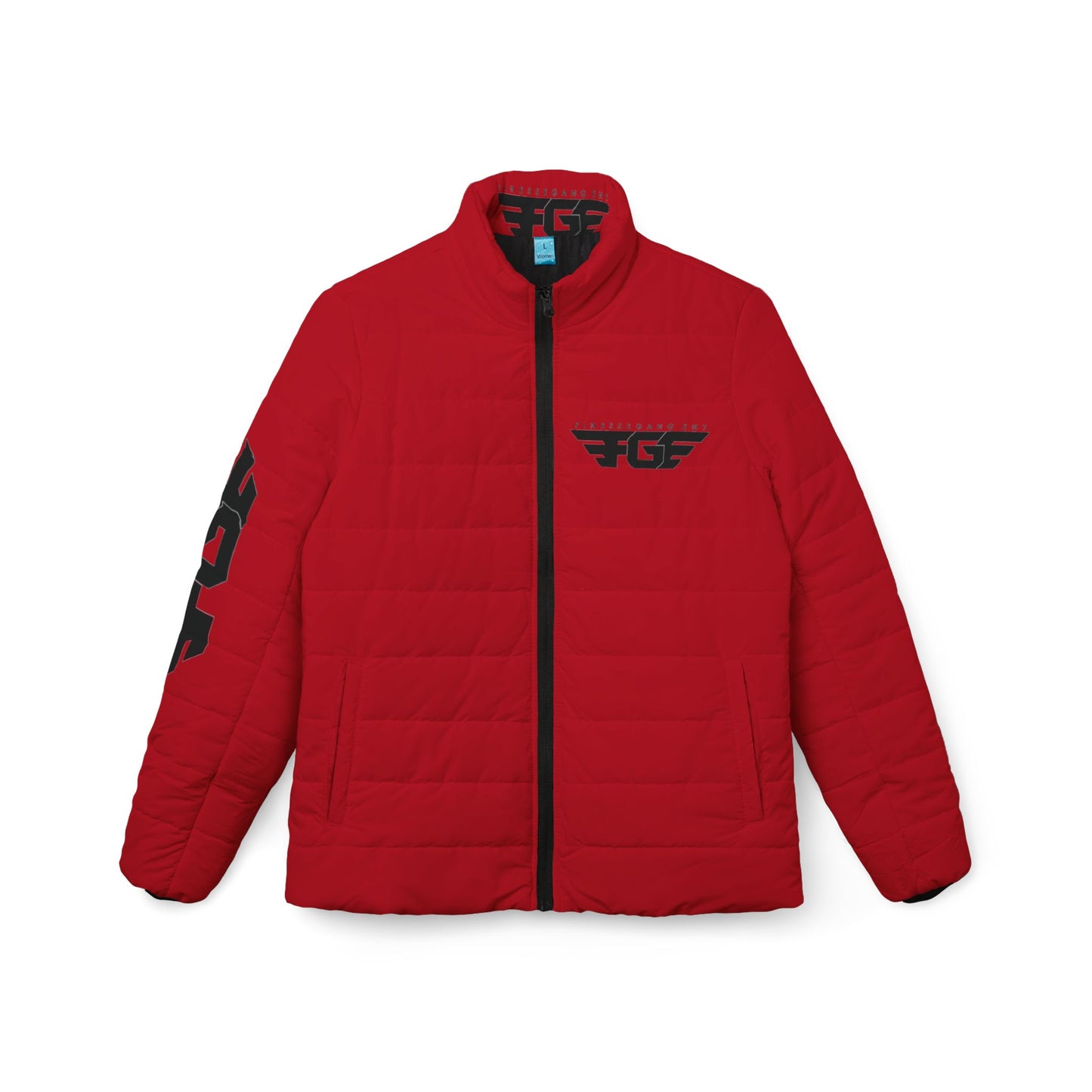 RED FGE Puffer Jacket — Red Quilted Winter Coat with Black Wing Logo