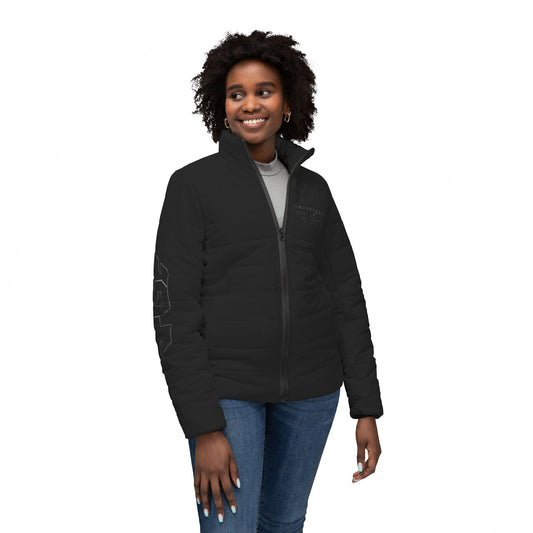 Women’s FGE Black Puffer Jacket — Insulated All-Over Printed Winter Coat