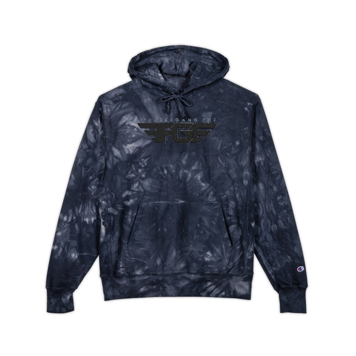FGE Embroidered Tie-Dye Hoodie — Black/Charcoal Champion-Style Pullover