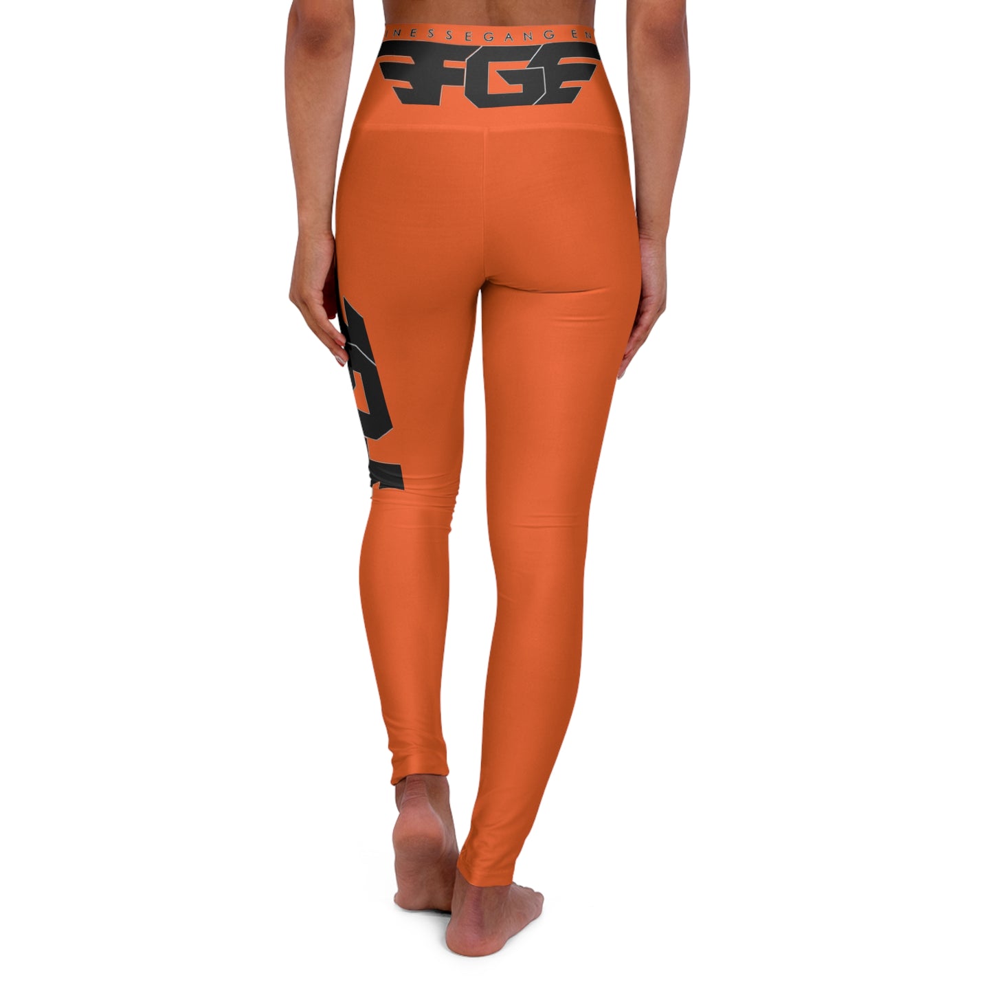 ORANGE FGE High-Waist Orange Yoga Leggings with Black Logo Stripe