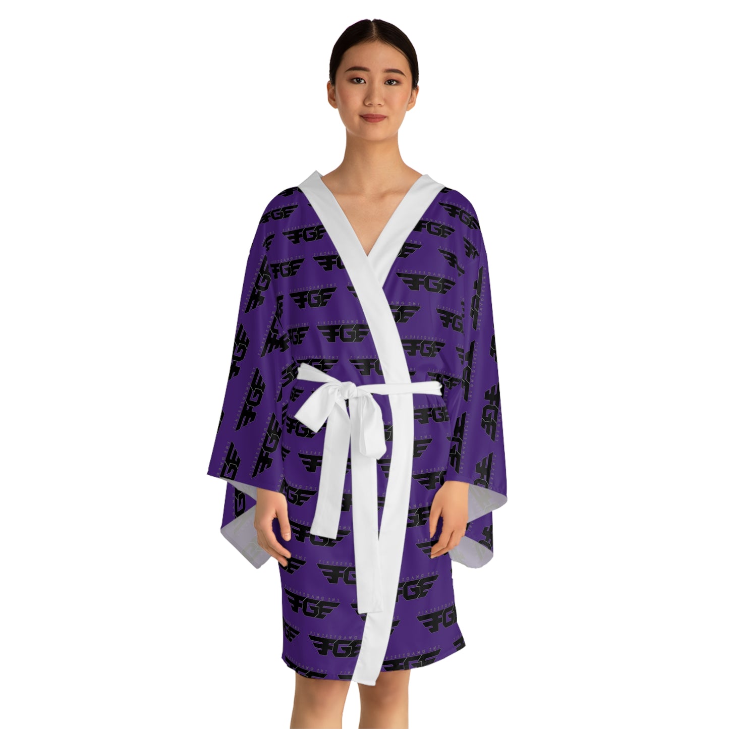 Purple All-Over Print FGE Robe — Repeating Black Logo Pattern