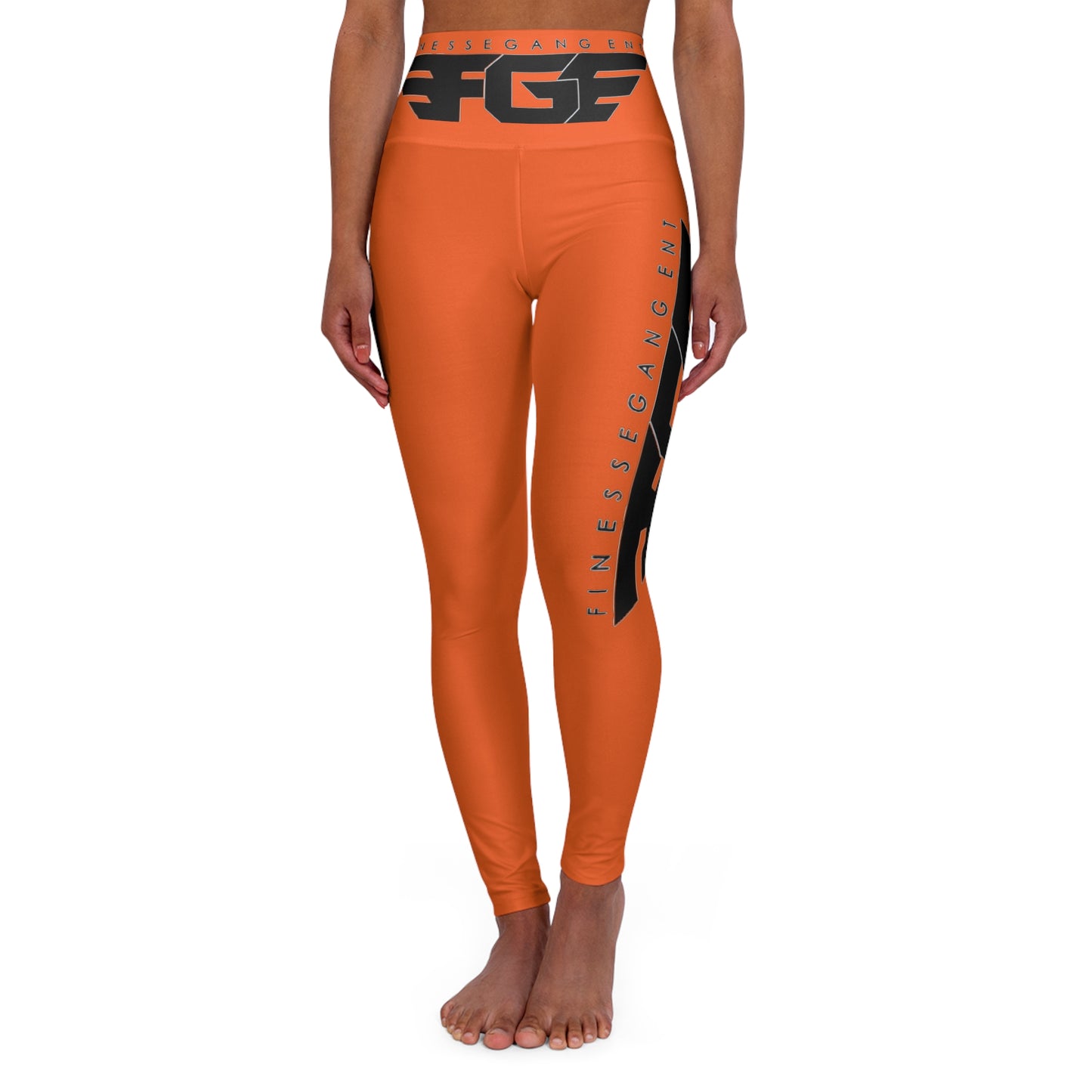 ORANGE FGE High-Waist Orange Yoga Leggings with Black Logo Stripe