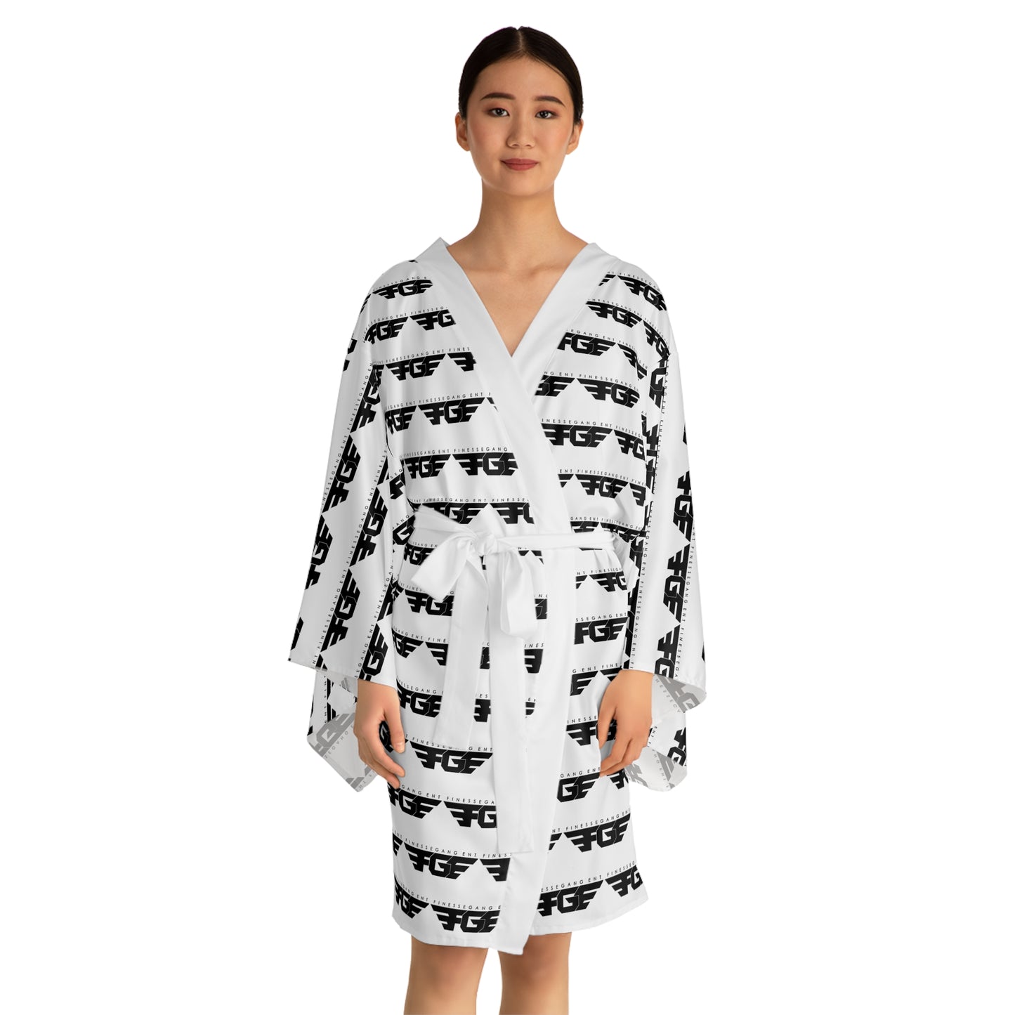 Trendy FGE Black and White Long Sleeve Kimono Robe
