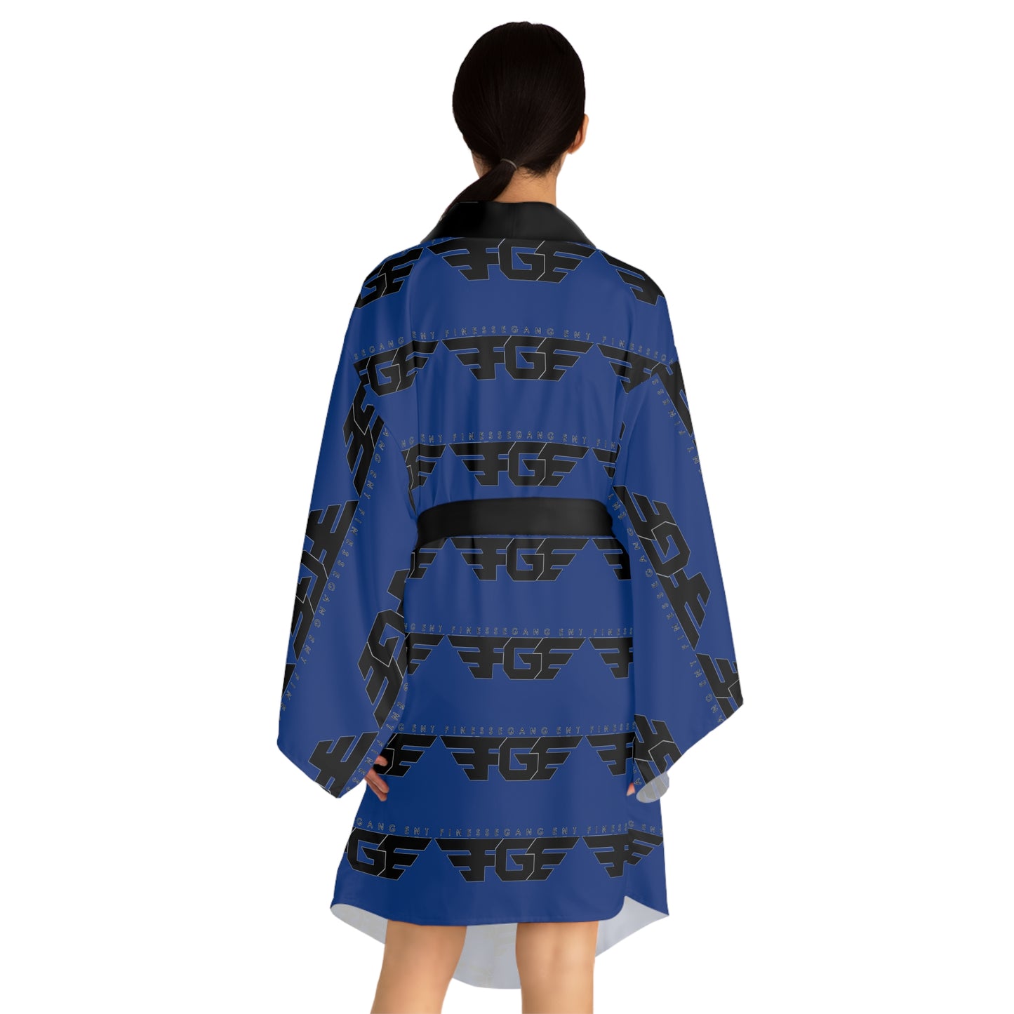 Stylish Blue FGE Long Sleeve Kimono Robe with Graphic Print