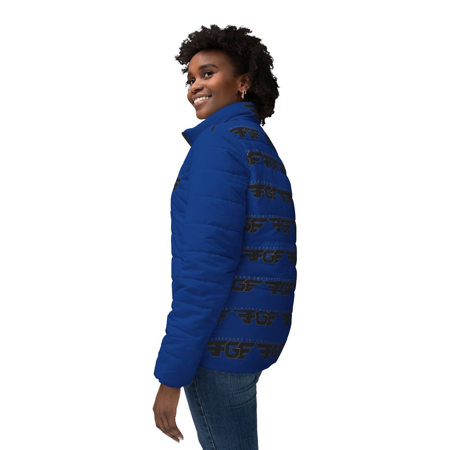 Blue FGE Logo Stripe Puffer Jacket — Women’s Quilted Winter Coat
