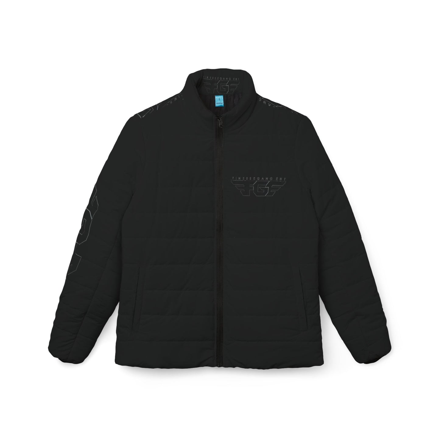 Women’s FGE Black Puffer Jacket — Insulated All-Over Printed Winter Coat