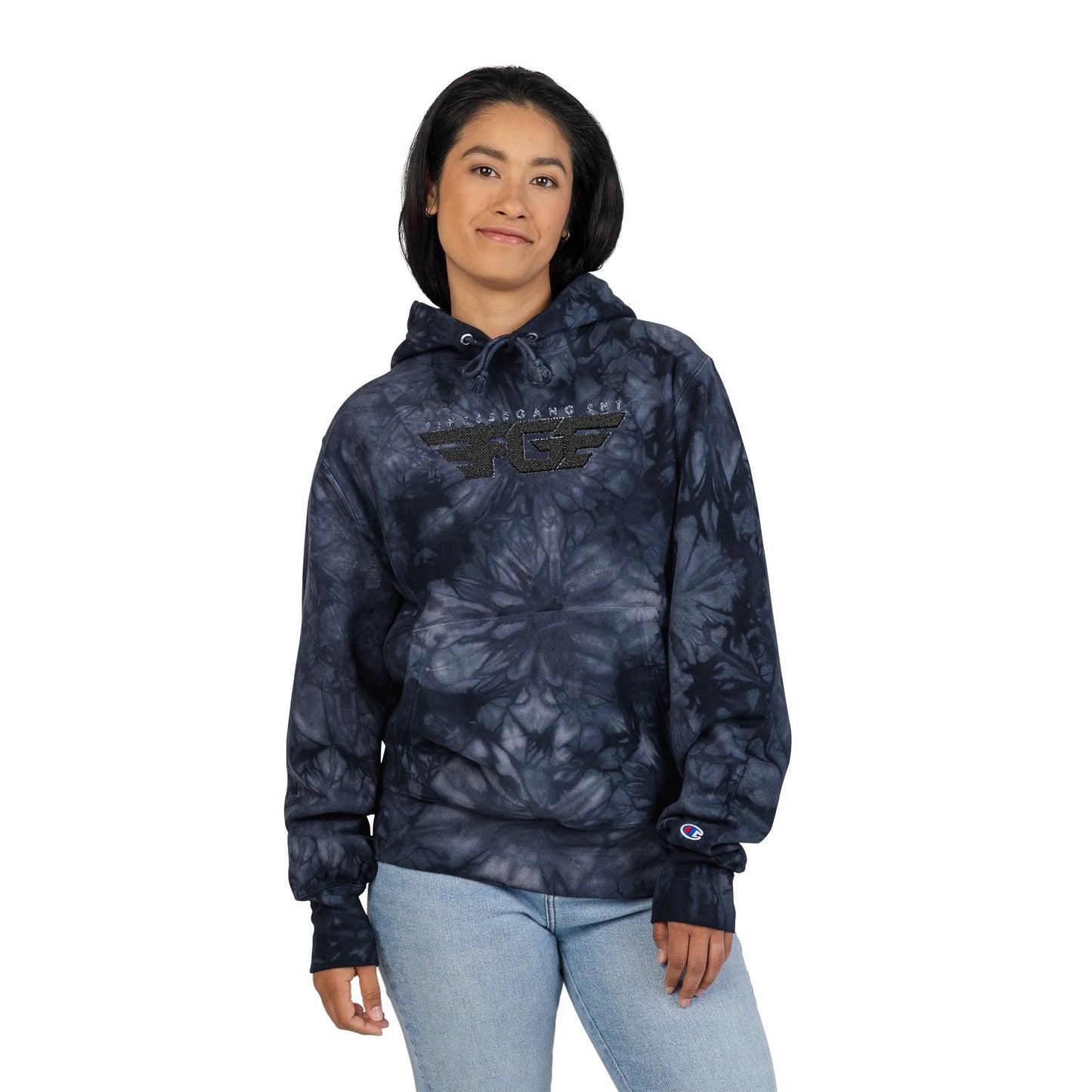 FGE Embroidered Tie-Dye Hoodie — Black/Charcoal Champion-Style Pullover
