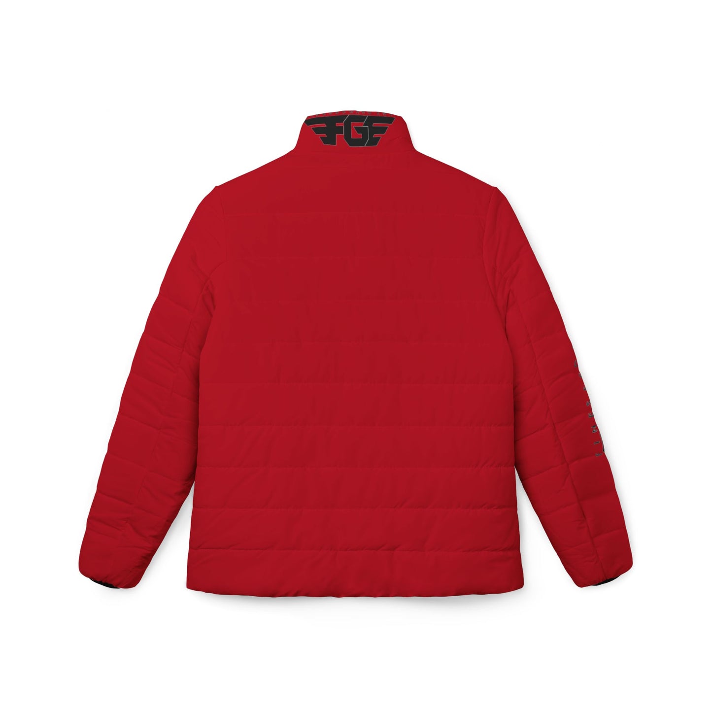 RED FGE Puffer Jacket — Red Quilted Winter Coat with Black Wing Logo