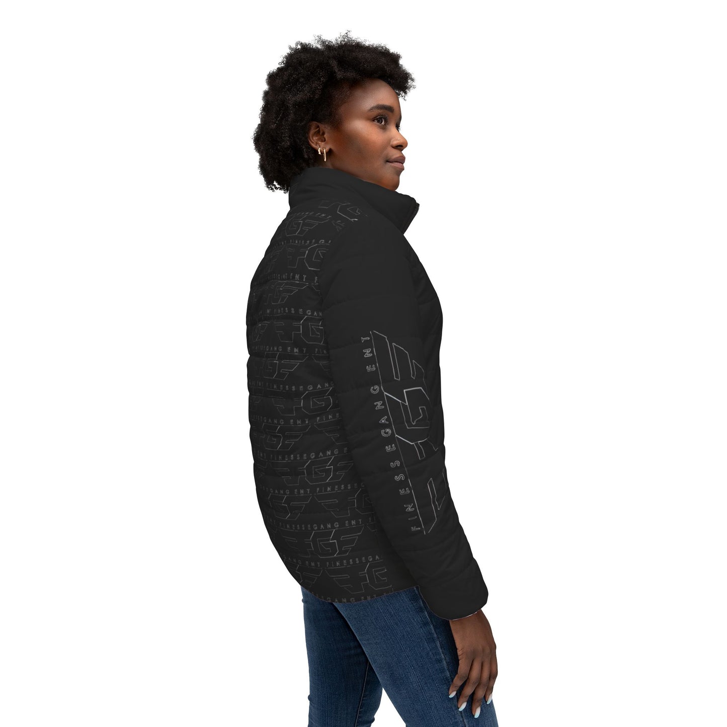 Women’s FGE Black Puffer Jacket — Insulated All-Over Printed Winter Coat