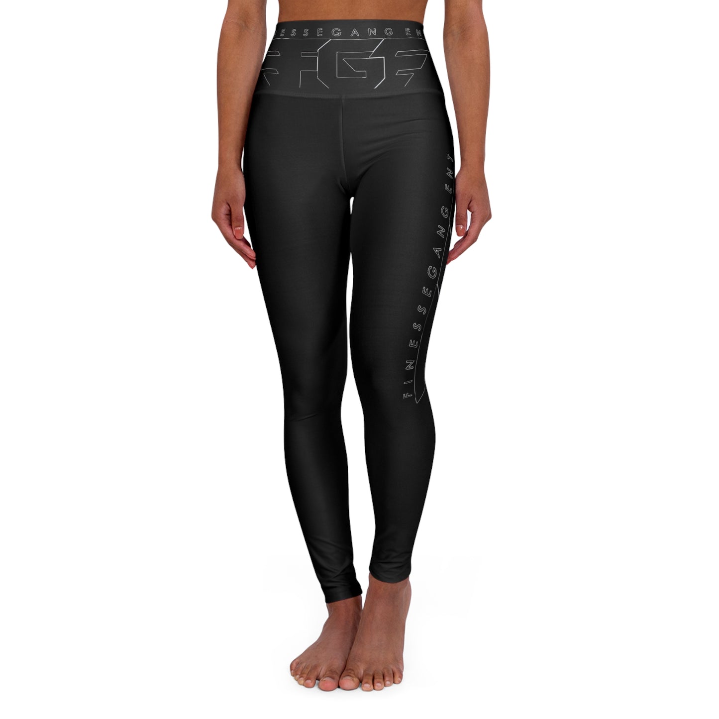 BLACK FGE High-Waist Yoga Leggings — Sleek Black AOP with Subtle Side Logo