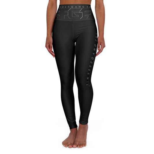 BLACK FGE High-Waist Yoga Leggings — Sleek Black AOP with Subtle Side Logo