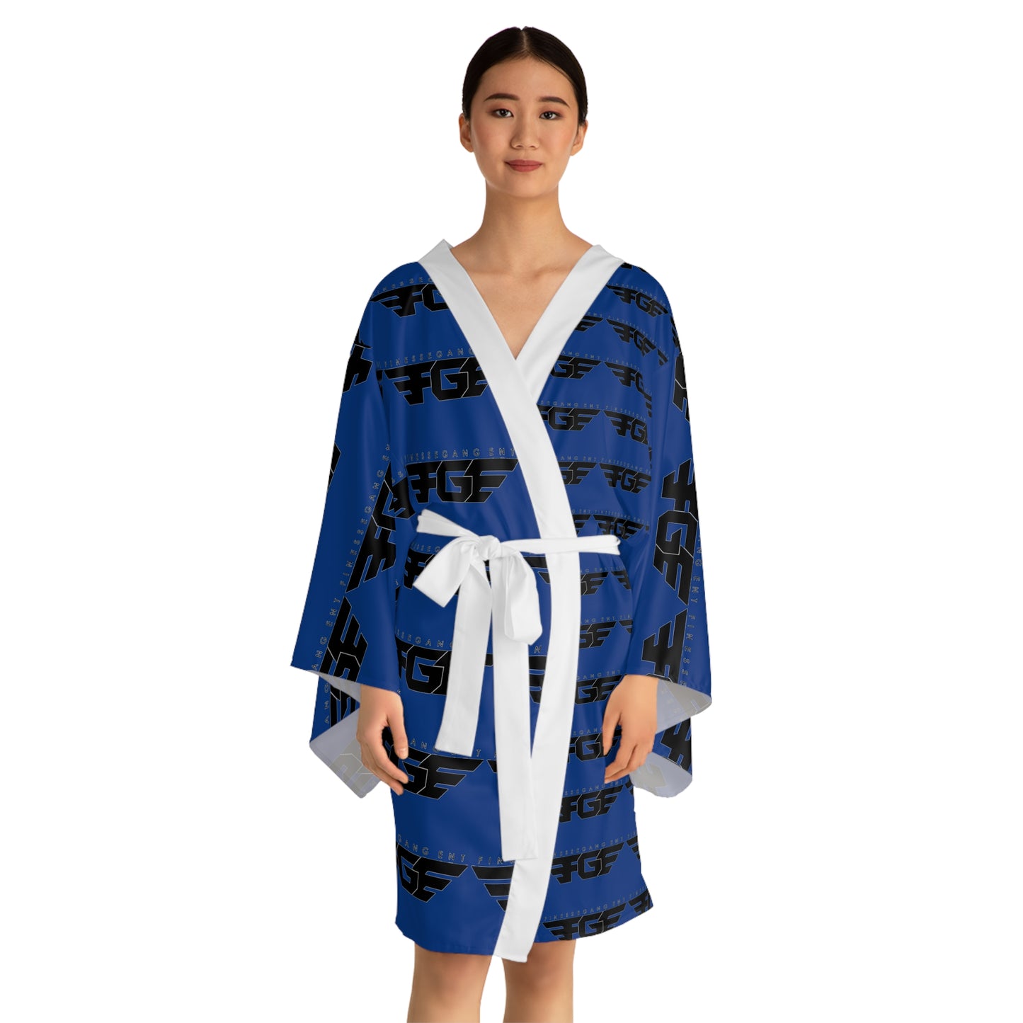 Stylish Blue FGE Long Sleeve Kimono Robe with Graphic Print