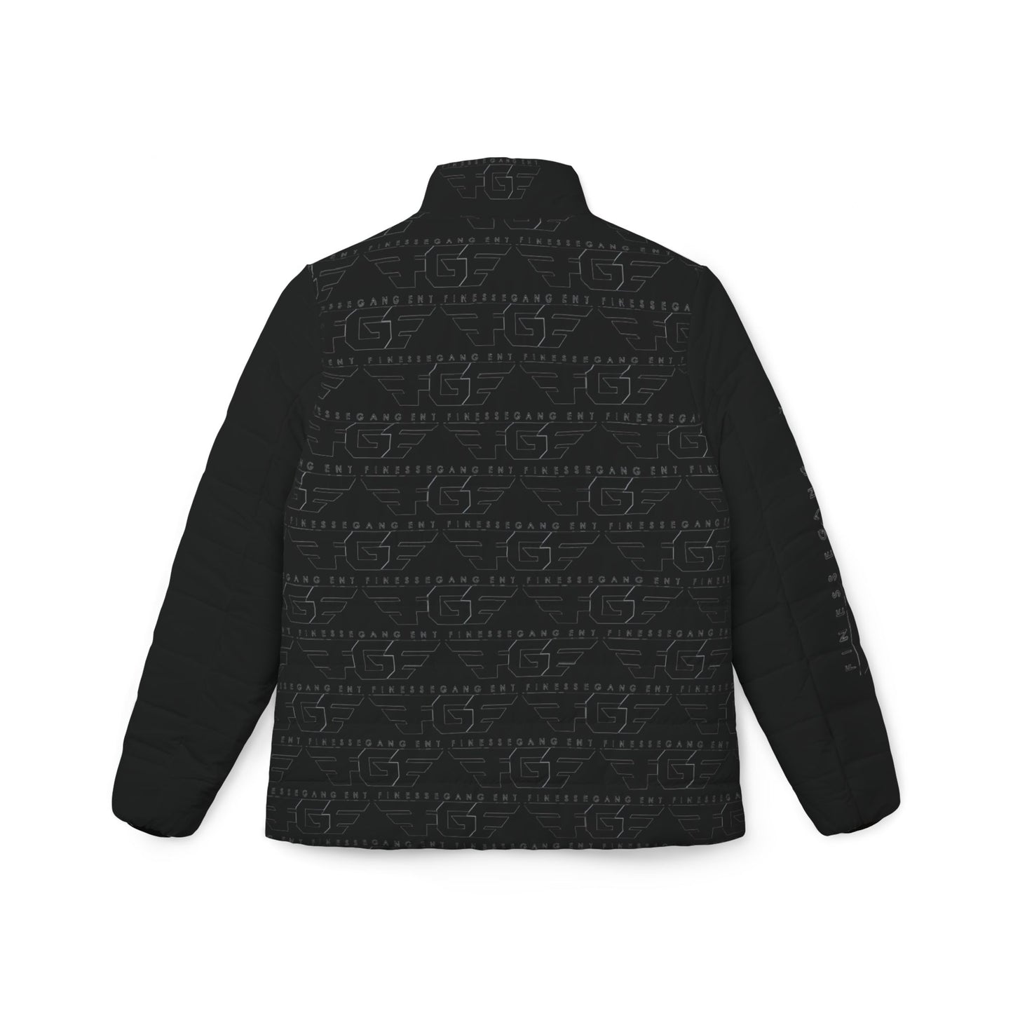 Women’s FGE Black Puffer Jacket — Insulated All-Over Printed Winter Coat