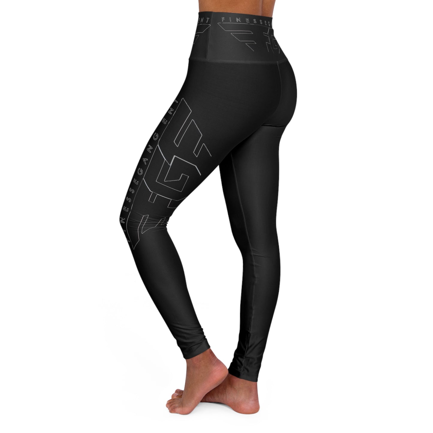 BLACK FGE High-Waist Yoga Leggings — Sleek Black AOP with Subtle Side Logo