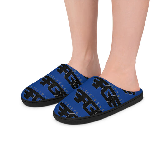 FGE Women’s Blue Logo Indoor Slippers — Cozy Home Slides with Bold Black Graphic