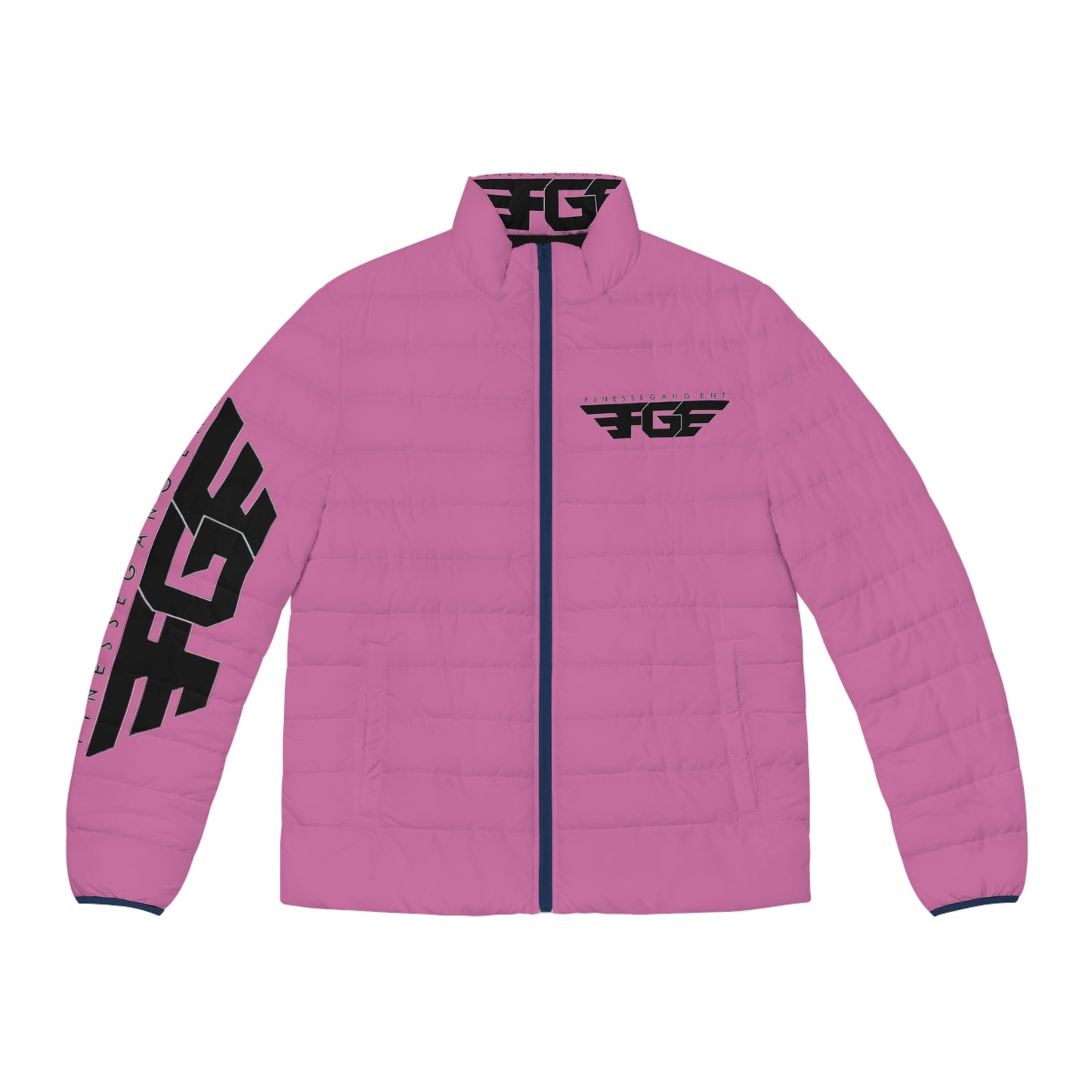 Pink Logo Puffer Jacket — Men's Lightweight Quilted Coat with FG Wing Graphic