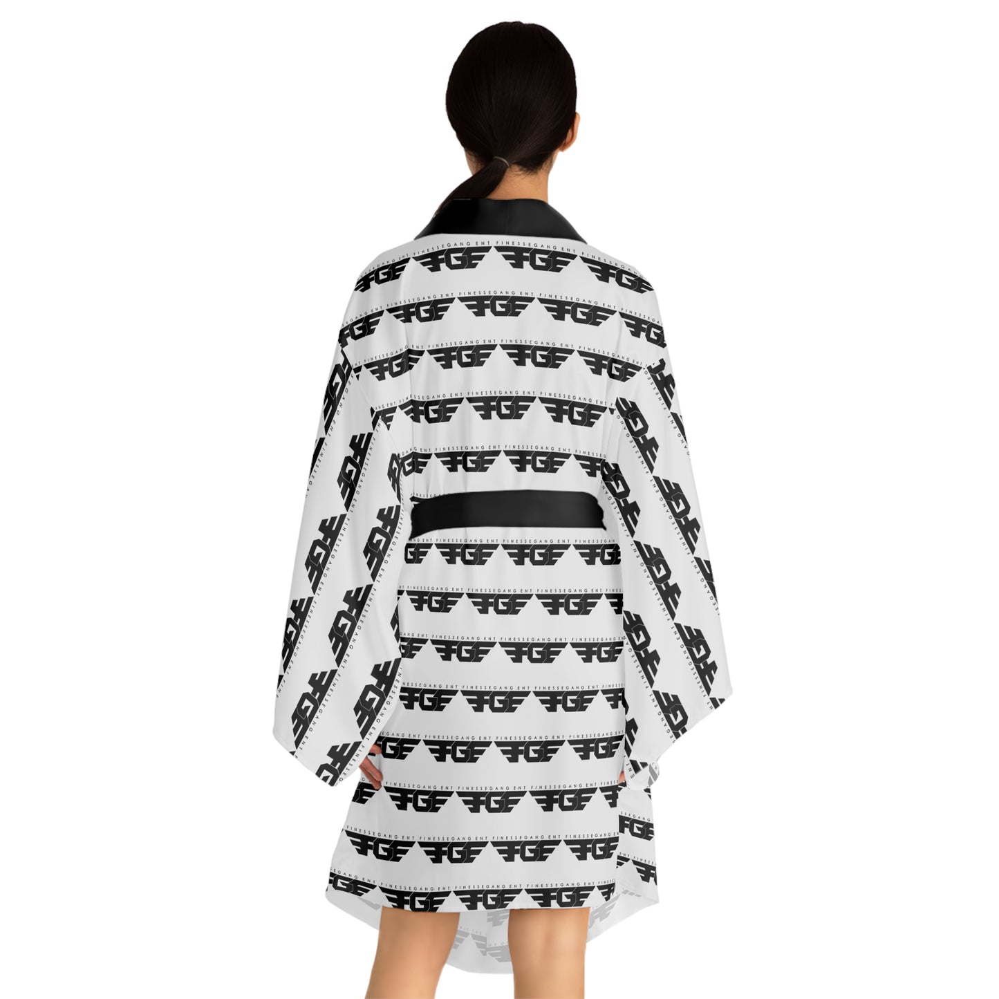 Trendy FGE Black and White Long Sleeve Kimono Robe