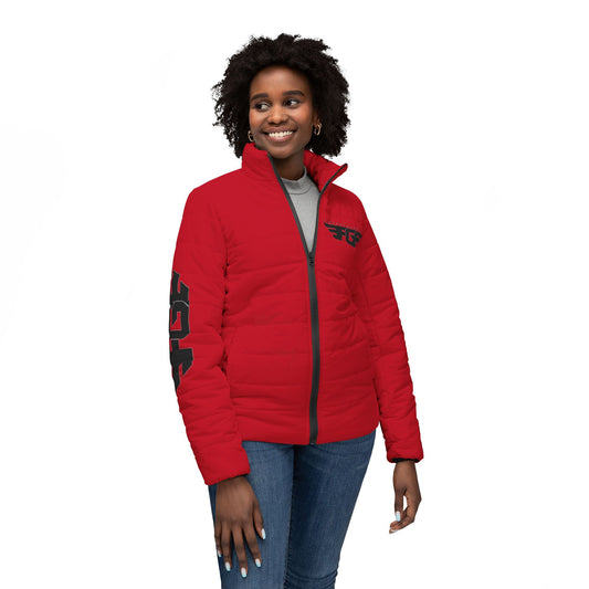 RED FGE Puffer Jacket — Red Quilted Winter Coat with Black Wing Logo