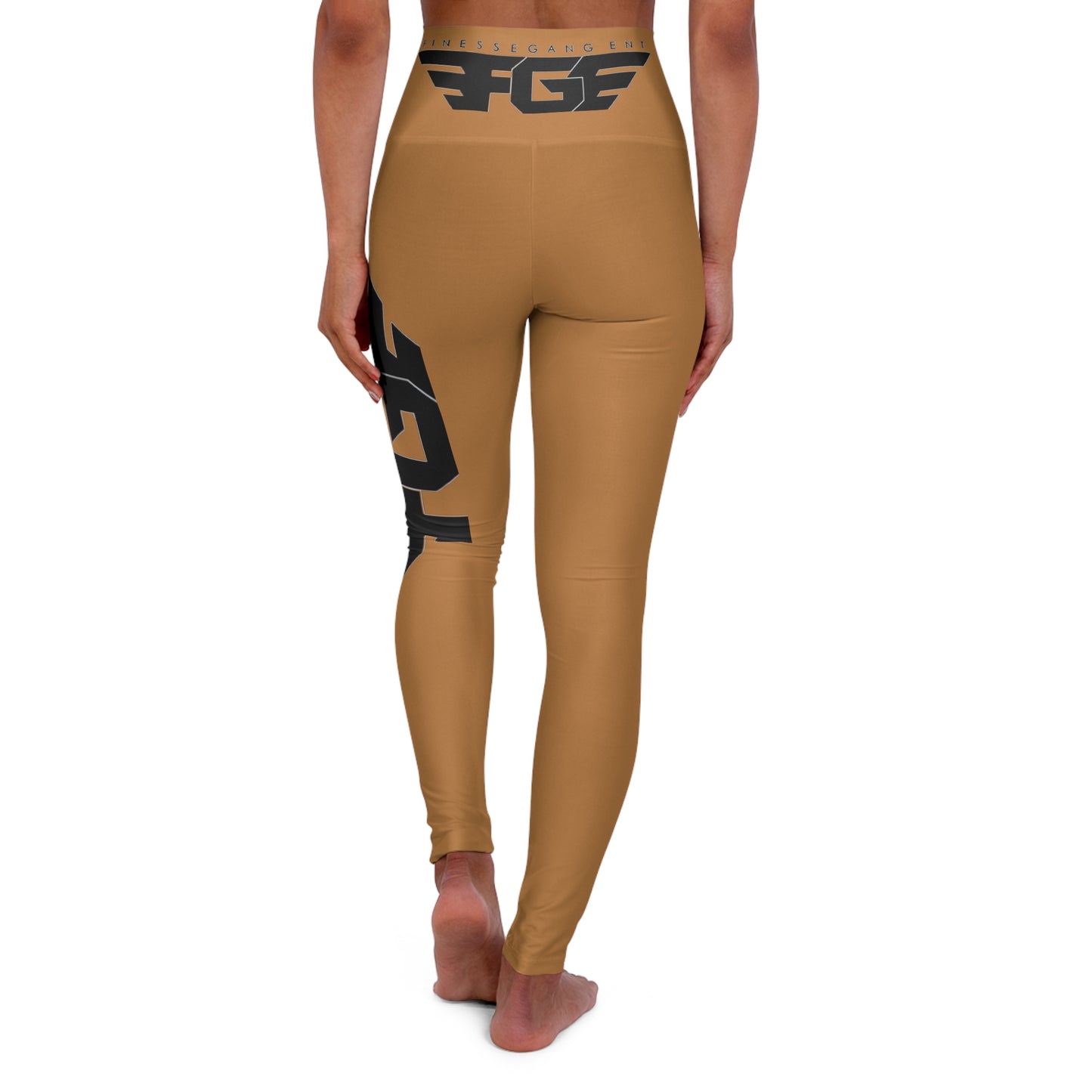 BROWN FGE High-Waisted Yoga Leggings — Tan Athletic Leggings with Bold Black Logo