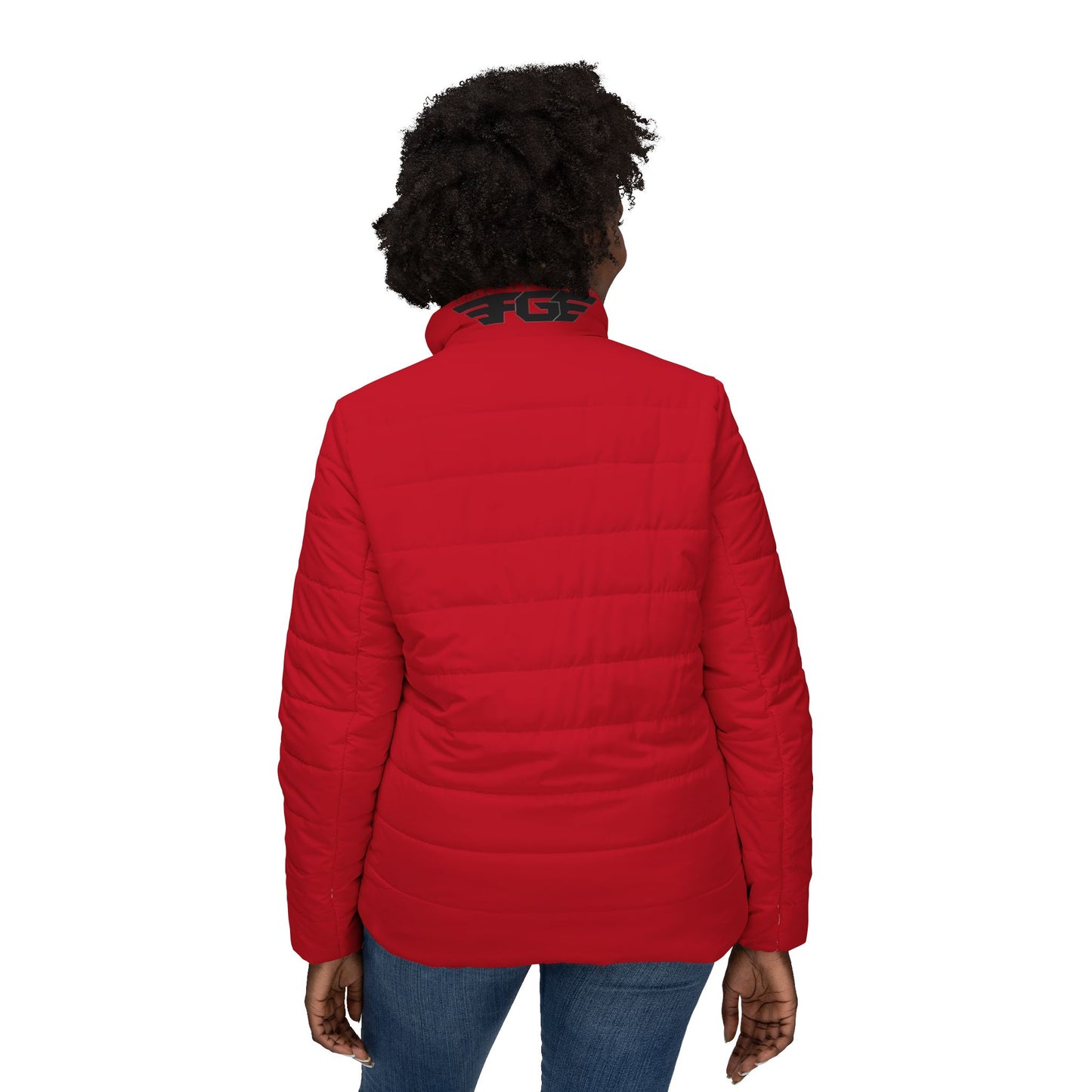 RED FGE Puffer Jacket — Red Quilted Winter Coat with Black Wing Logo