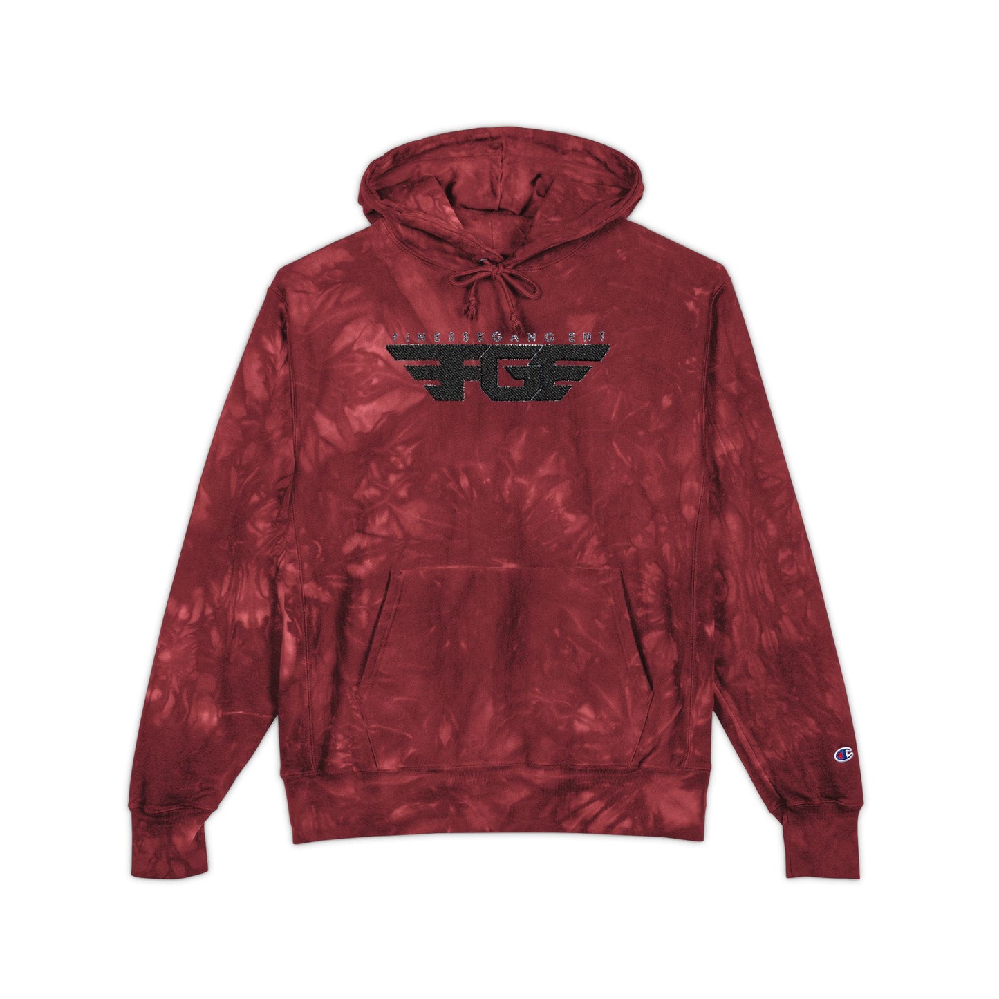 FGE Embroidered Tie-Dye Hoodie — Black/Charcoal Champion-Style Pullover