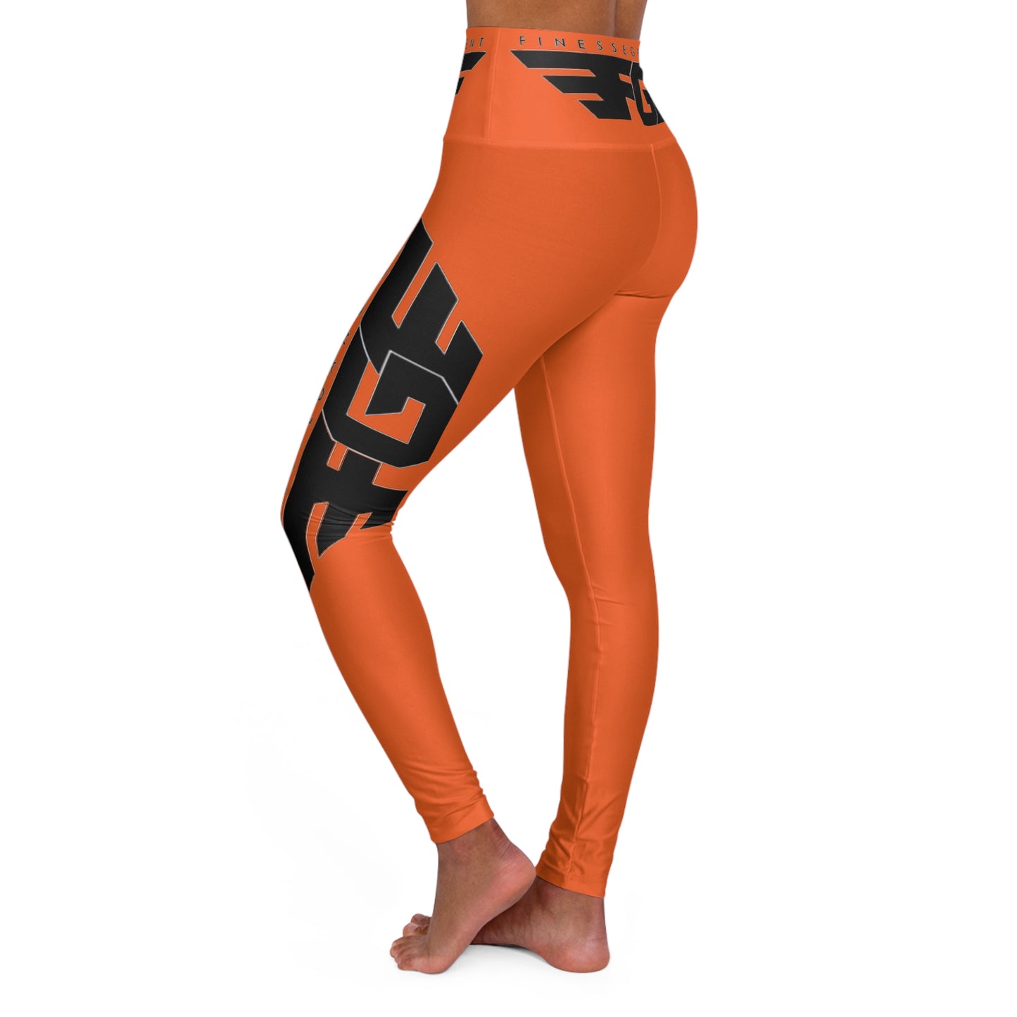 ORANGE FGE High-Waist Orange Yoga Leggings with Black Logo Stripe