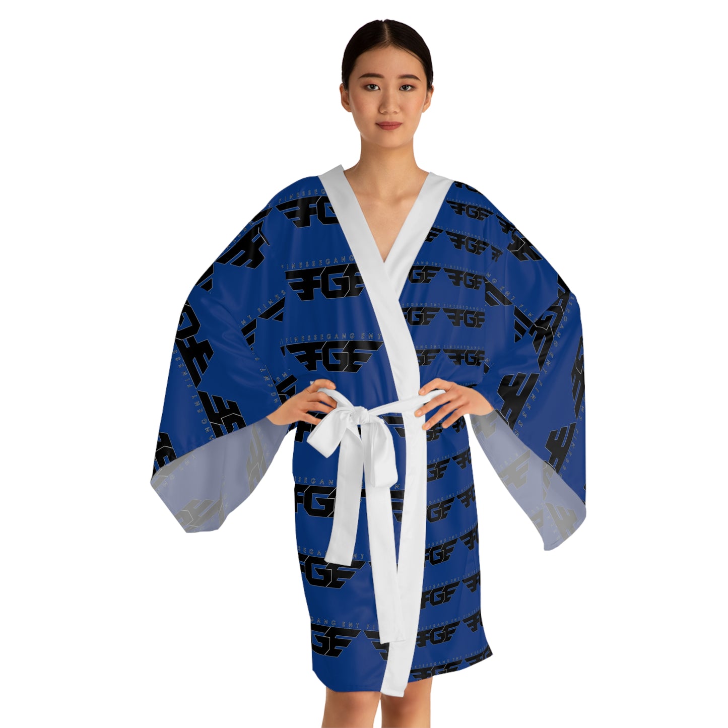 Stylish Blue FGE Long Sleeve Kimono Robe with Graphic Print